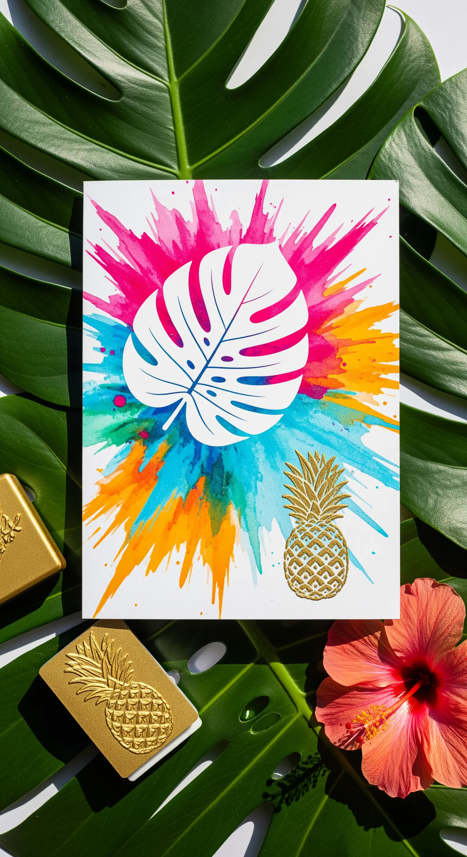 Invito tropicale con silhouette di foglia di monstera su uno sfondo di colori al neon schizzati.