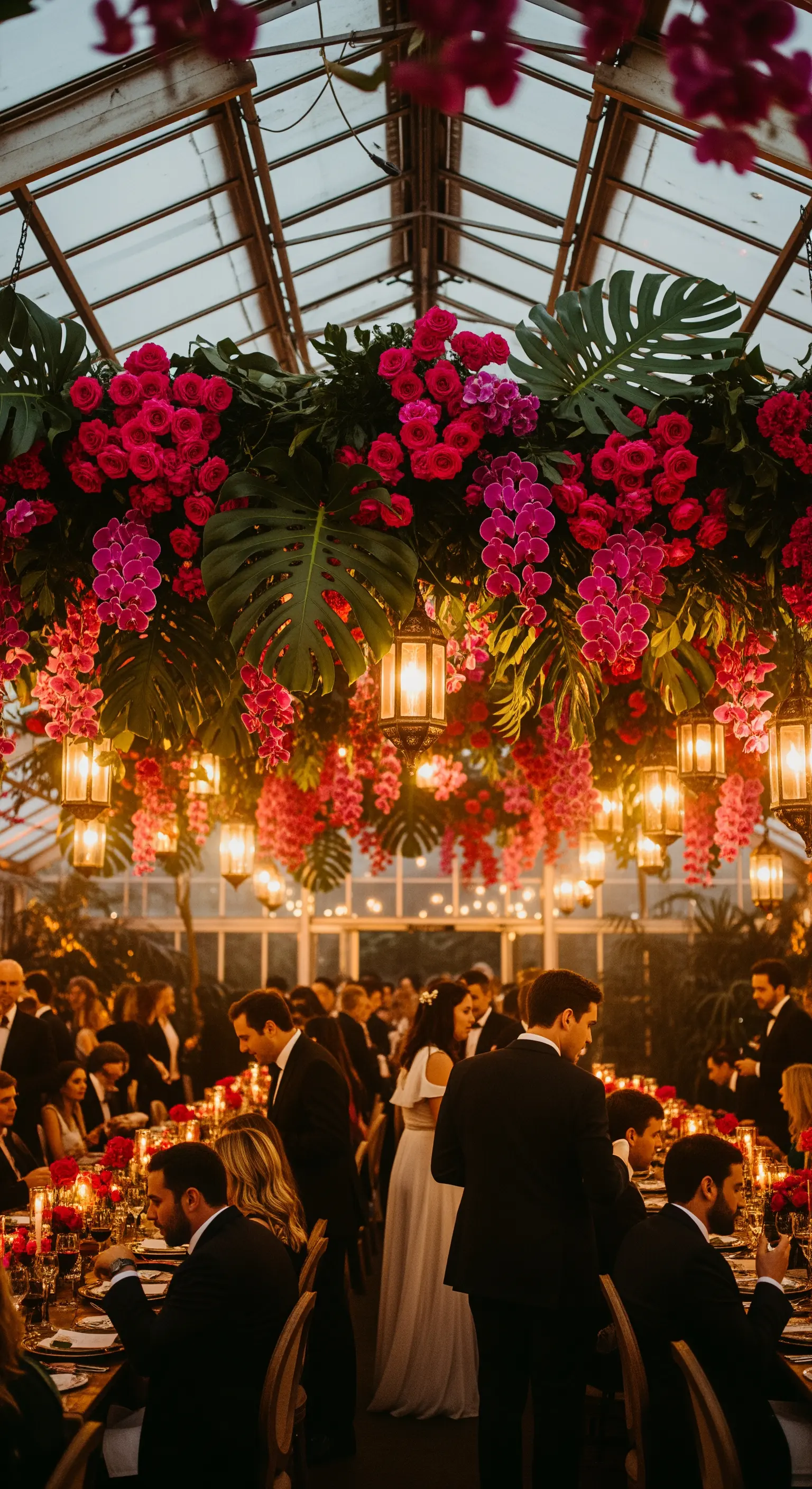 Un'installazione floreale tropicale con foglie di Monstera, rose fucsia e lanterne calde in una serra.