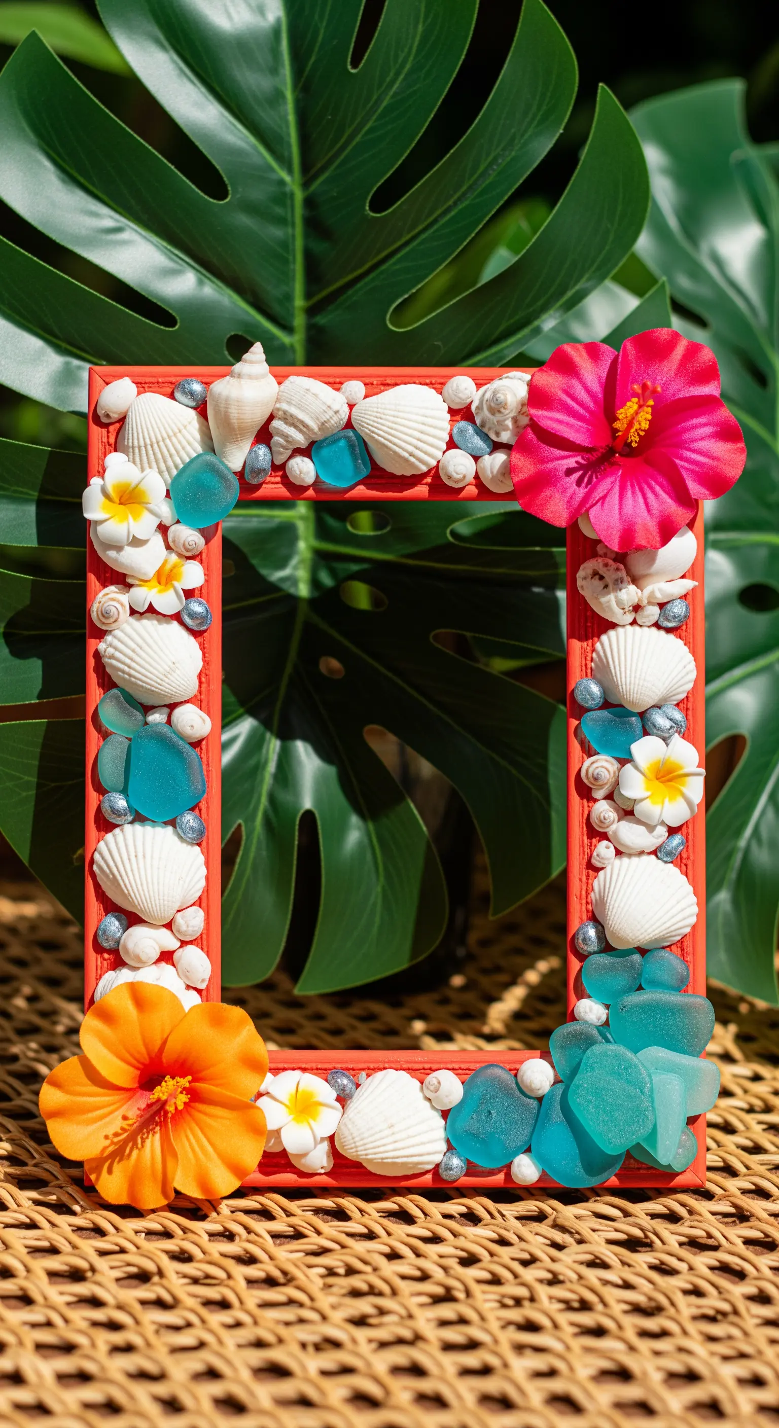 Cornice color corallo decorata con un mix vivace di conchiglie, fiori e vetri di mare.