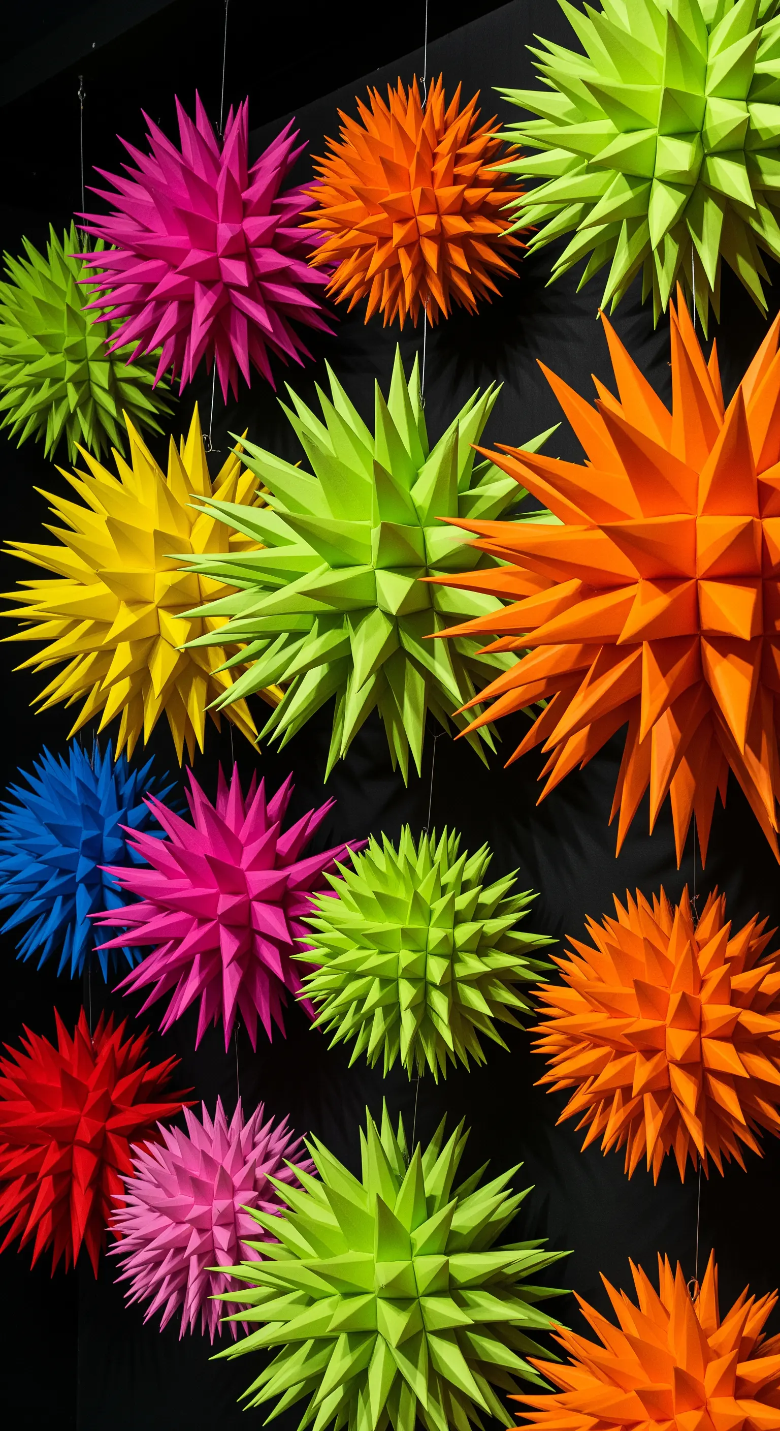 Decorazioni 3D a forma di stelle appuntite e colorate, appese su uno sfondo nero.