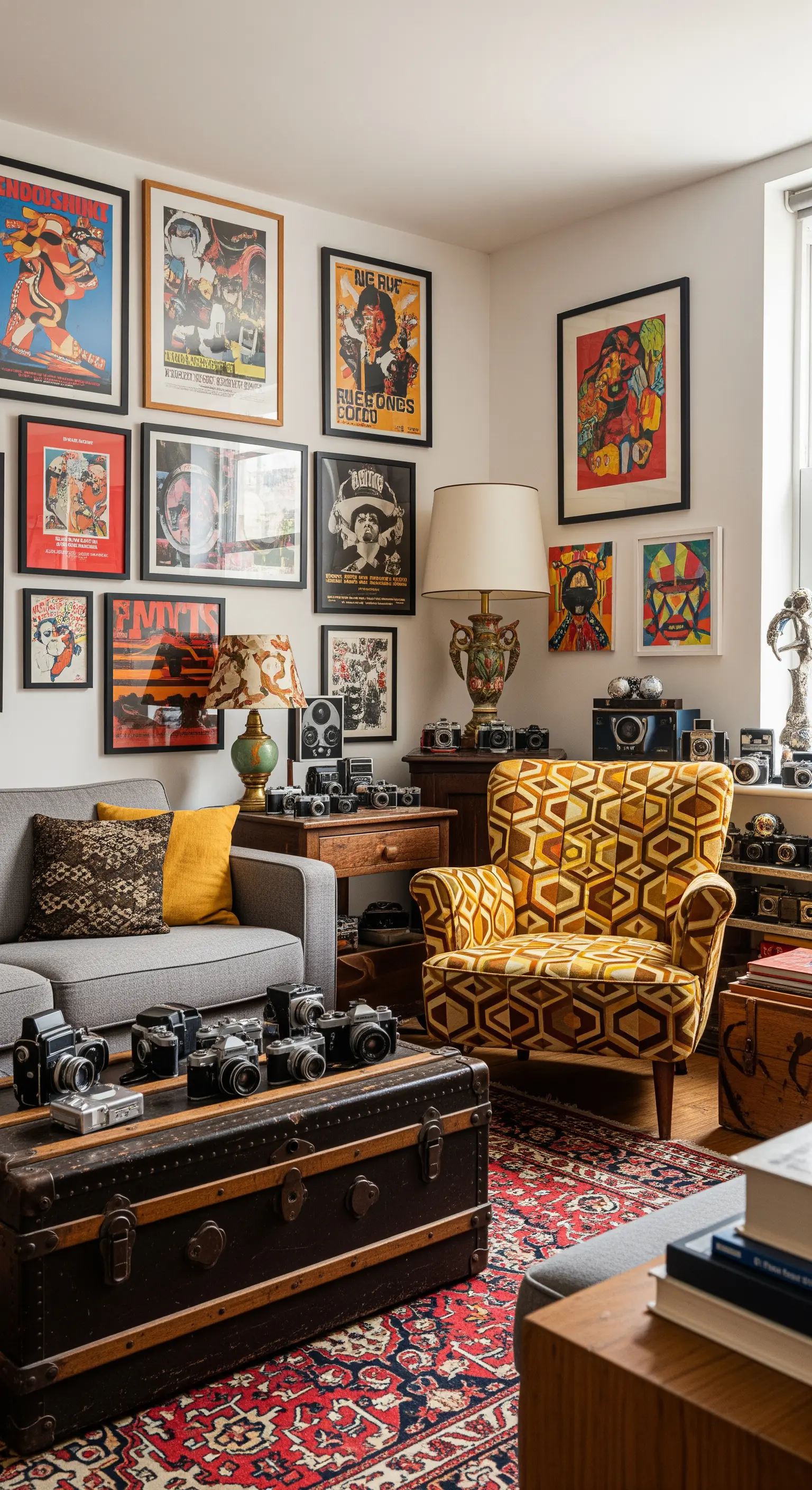 Salotto eclettico con una gallery wall di poster e una collezione di macchine fotografiche vintage.