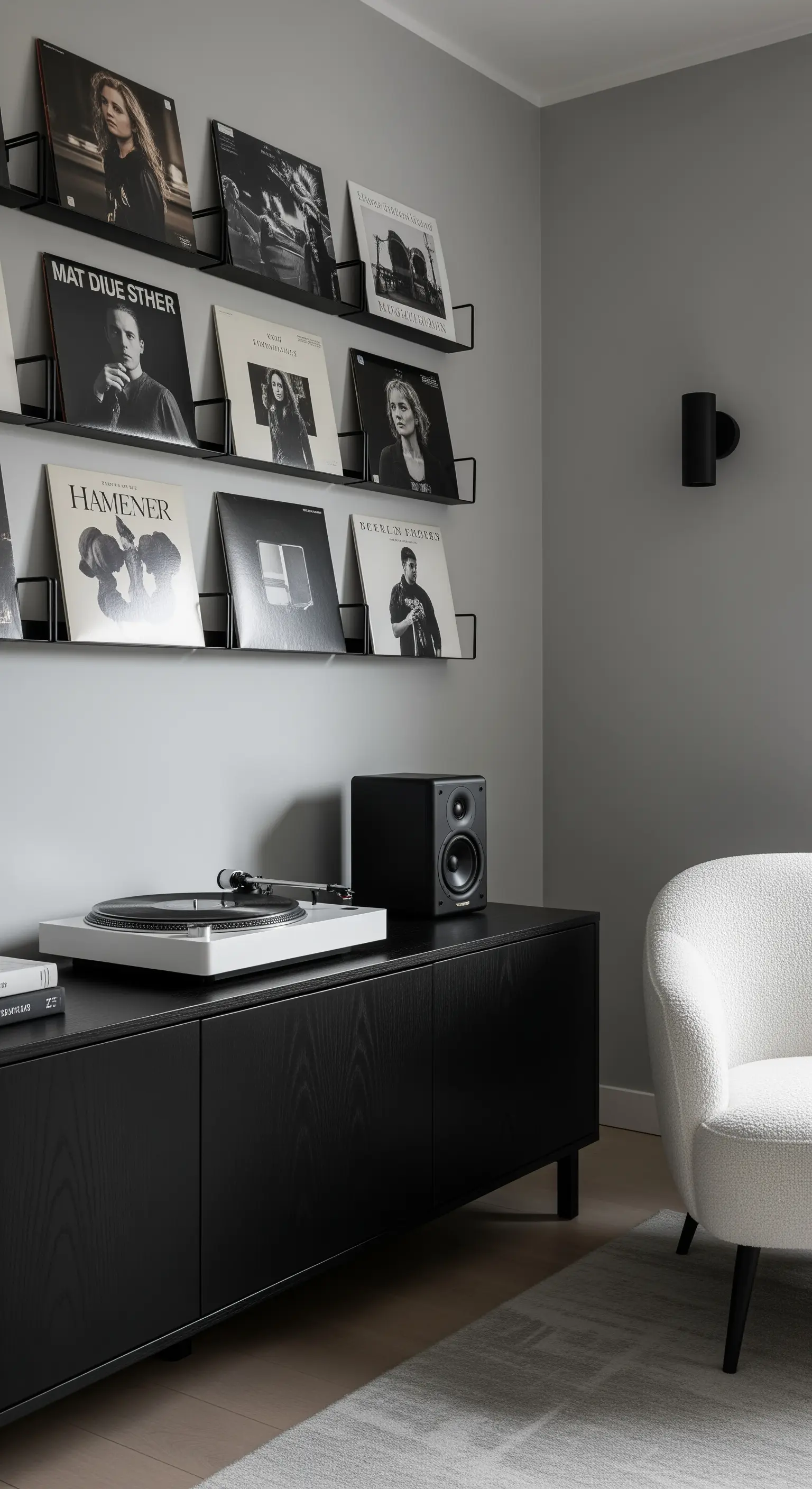 Parete con dischi in vinile esposti su mensole nere sottili sopra un mobile basso.