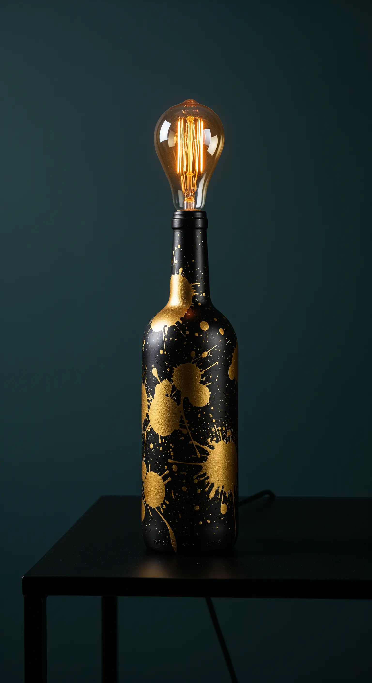 Lampada con base in bottiglia nera opaca decorata con schizzi di vernice dorata e lampadina Edison.