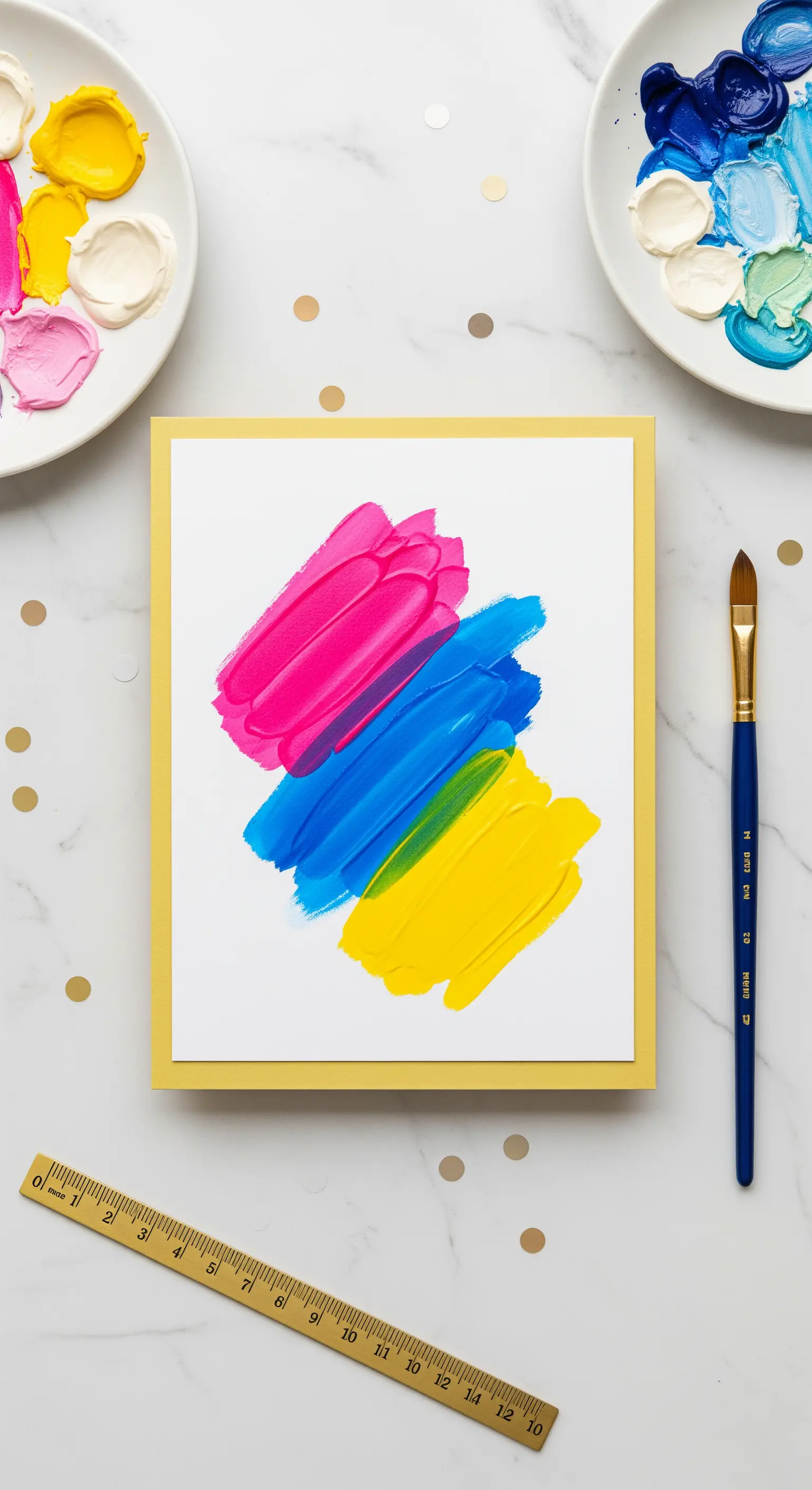 Biglietto d'invito con tre pennellate astratte di colore rosa, blu e giallo.