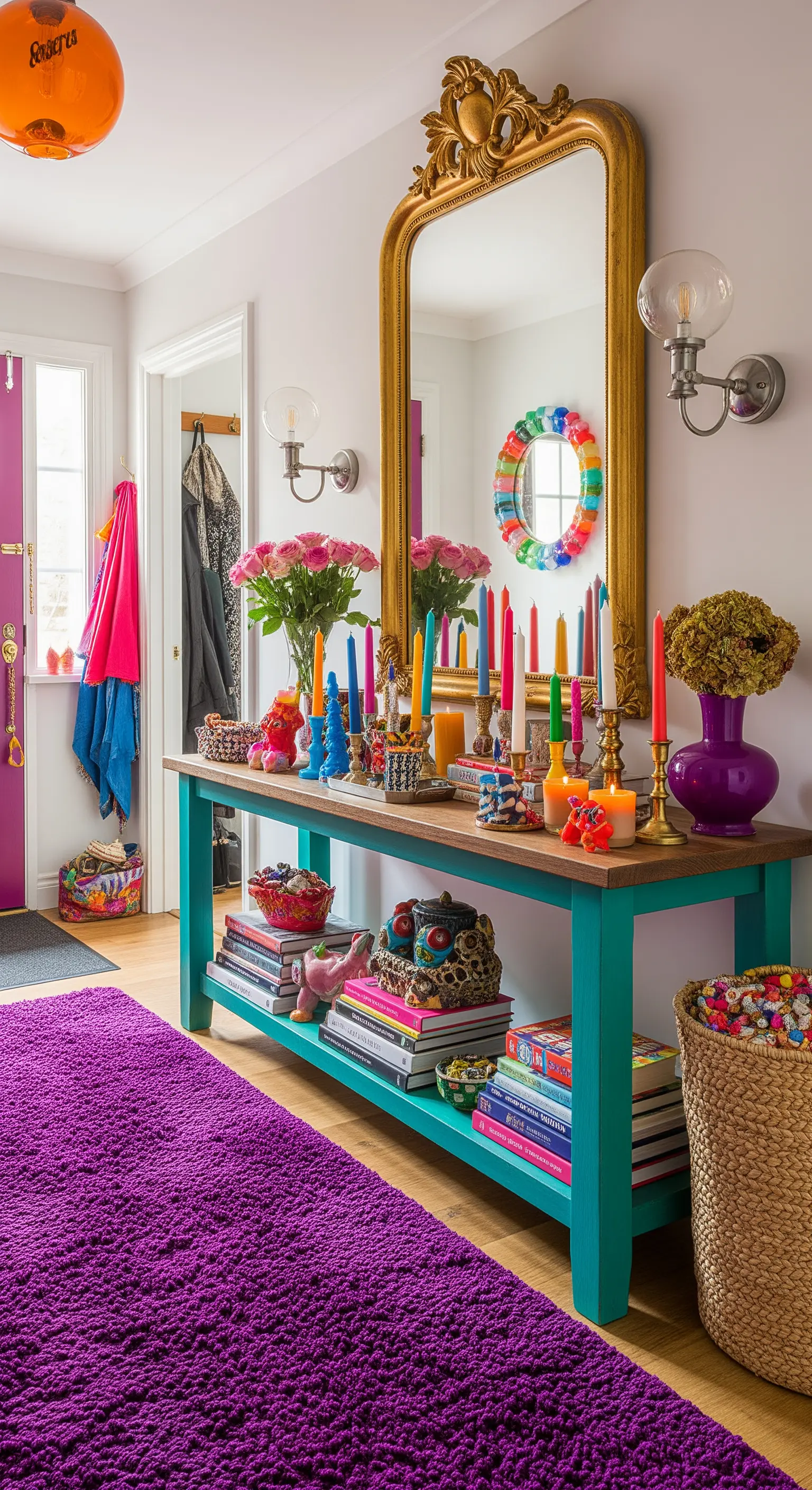 Ingresso eclettico e colorato con consolle turchese, tappeto viola e specchio dorato.