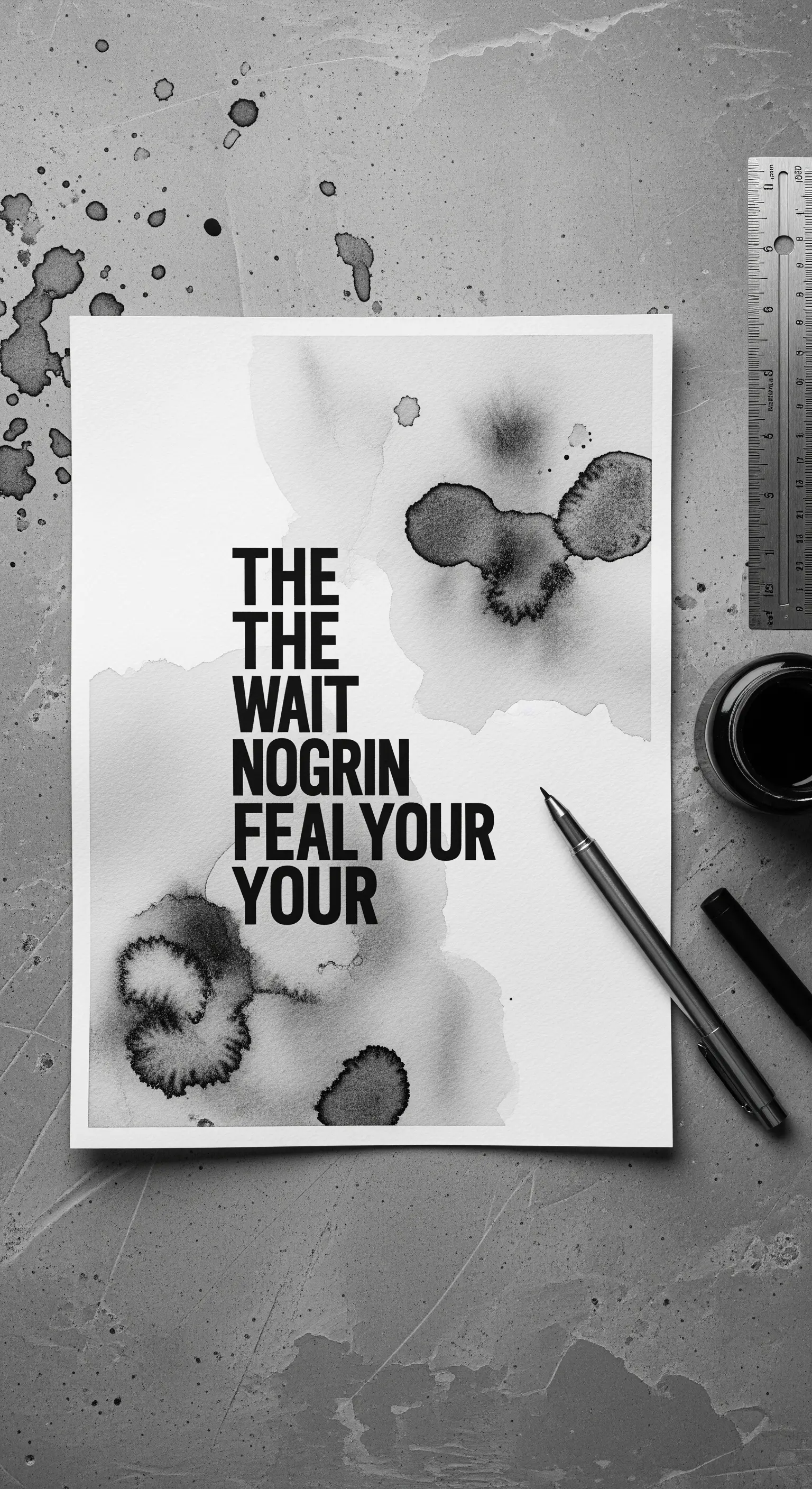 Foglio con macchie di inchiostro nero e una citazione in stile tipografico, su un tavolo di cemento.