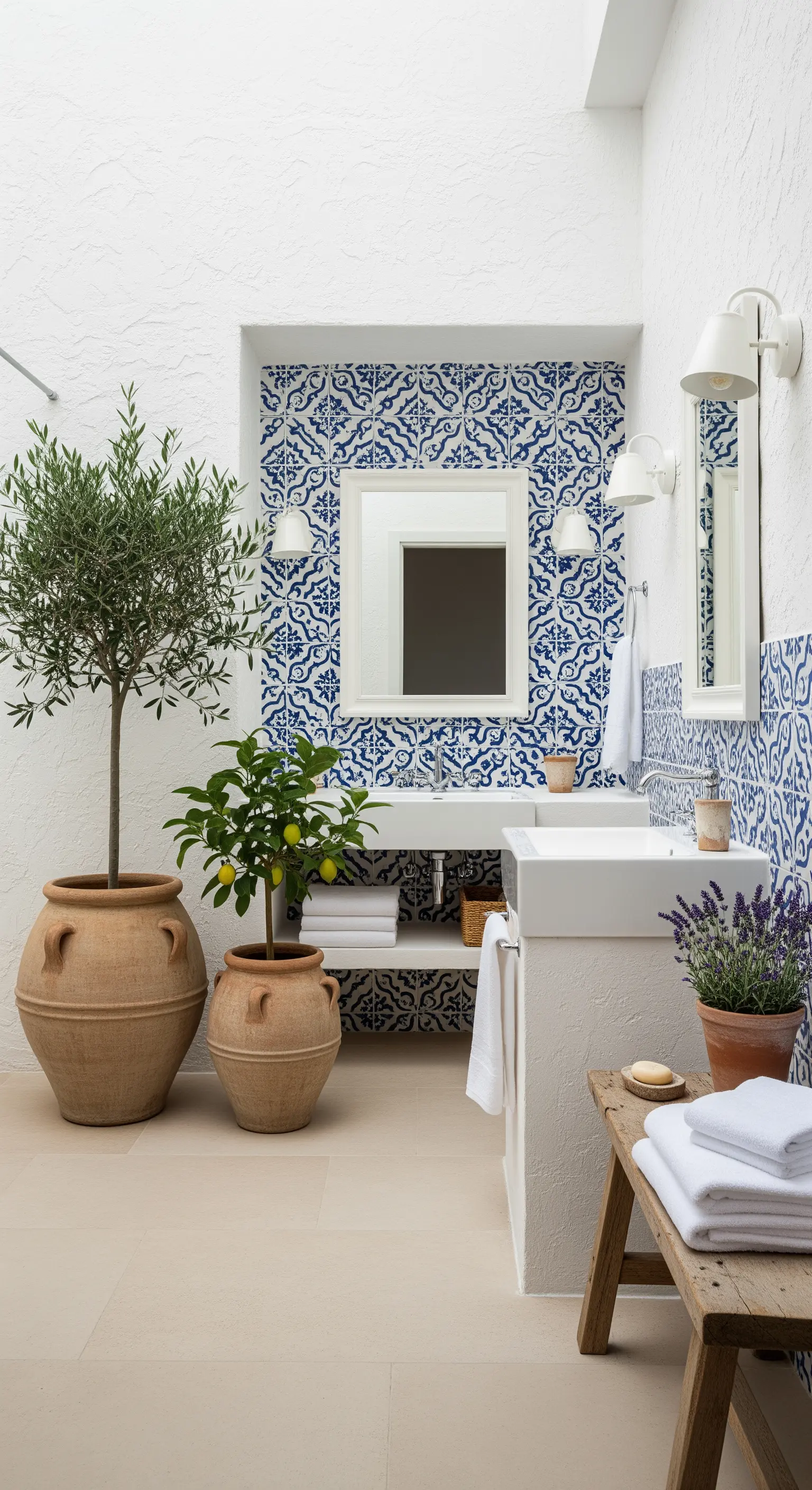 Bagno in stile mediterraneo con ulivo, limone in vasi di terracotta e maioliche blu.