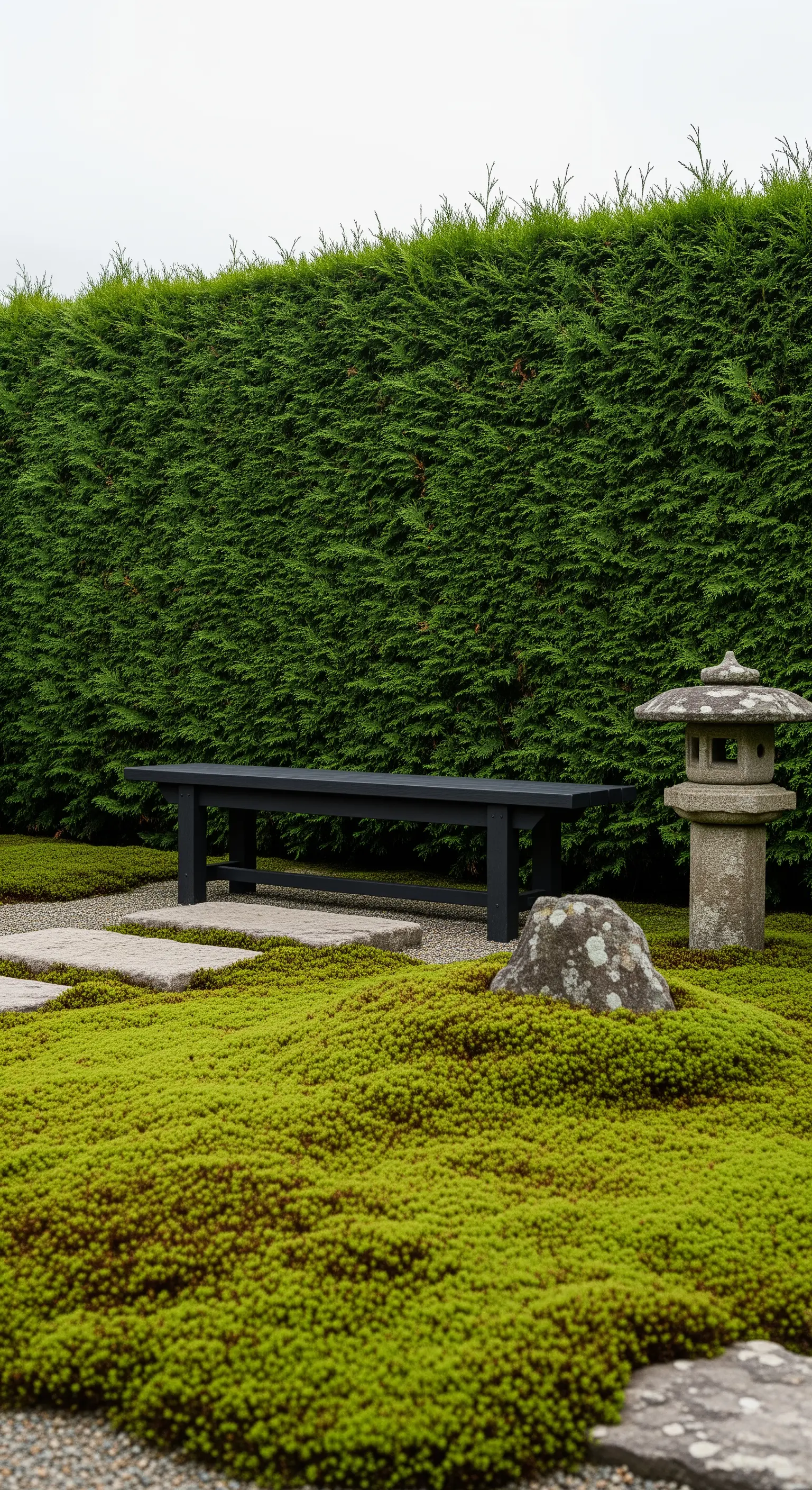 Panchina nera minimalista in un giardino giapponese con muschio, ghiaia e una lanterna di pietra.