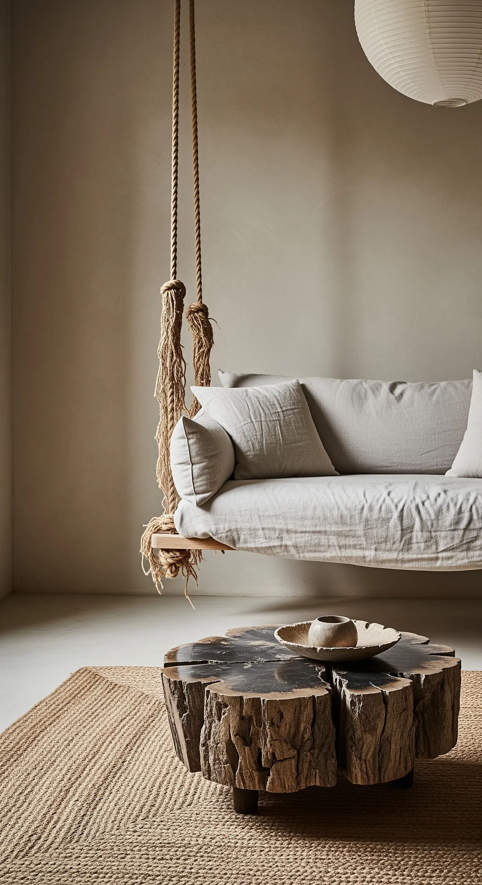Divano sospeso in legno grezzo e lino con corde di iuta e un tavolino in legno pietrificato.