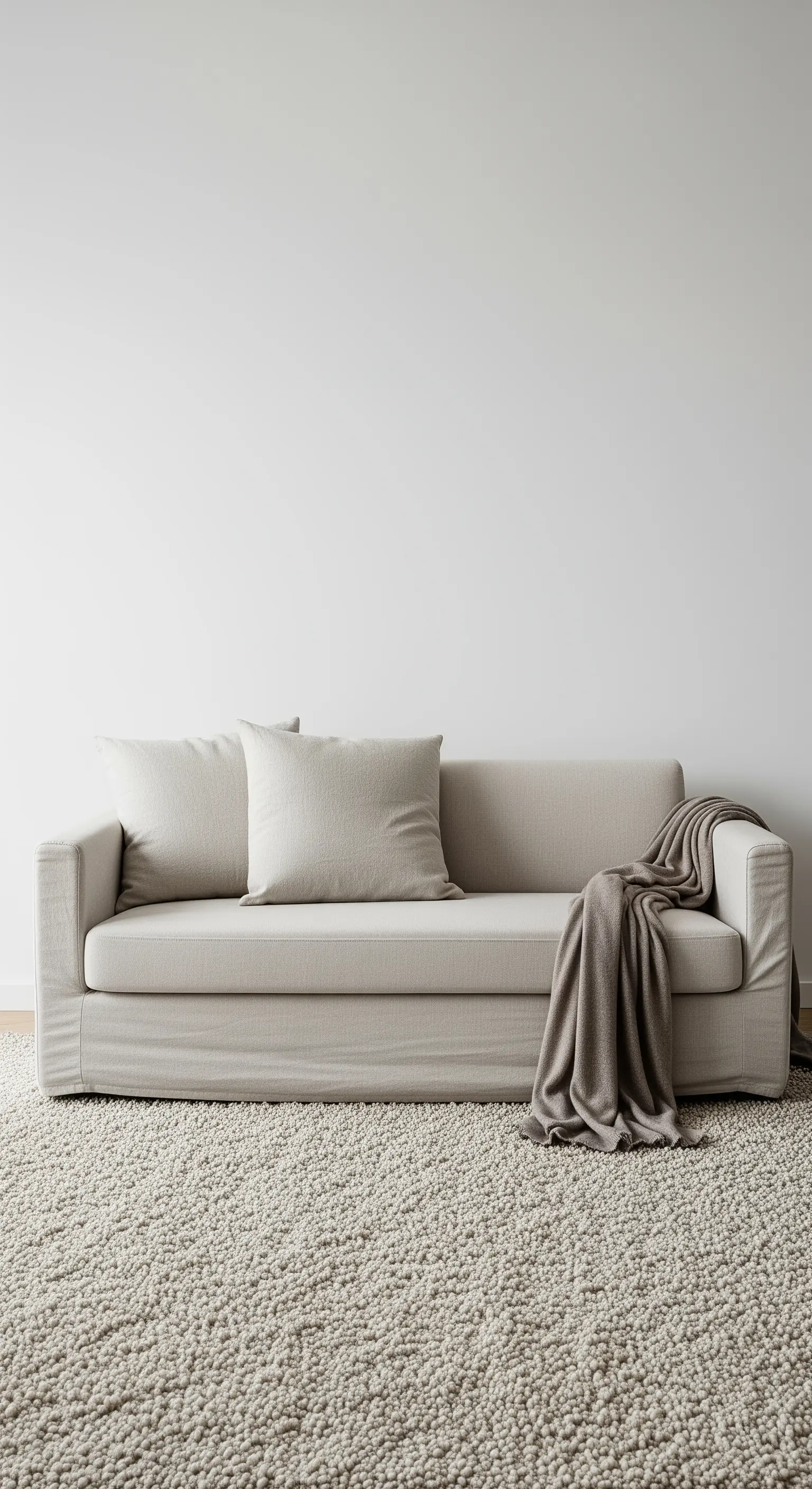 Salotto minimalista con divano beige e un grande tappeto a pelo lungo che domina lo spazio.