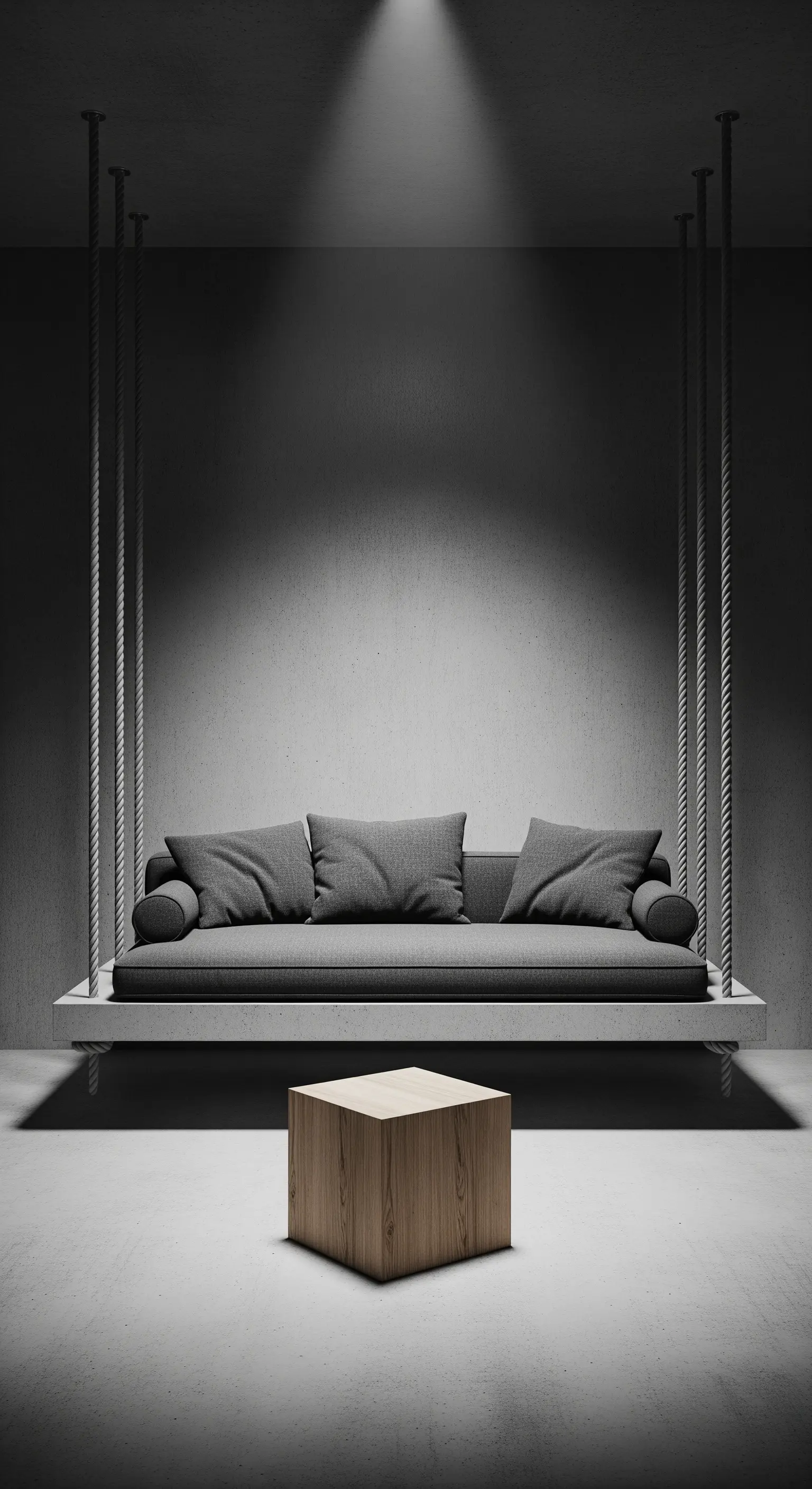 Divano sospeso grigio in una stanza di cemento illuminato da un faretto.