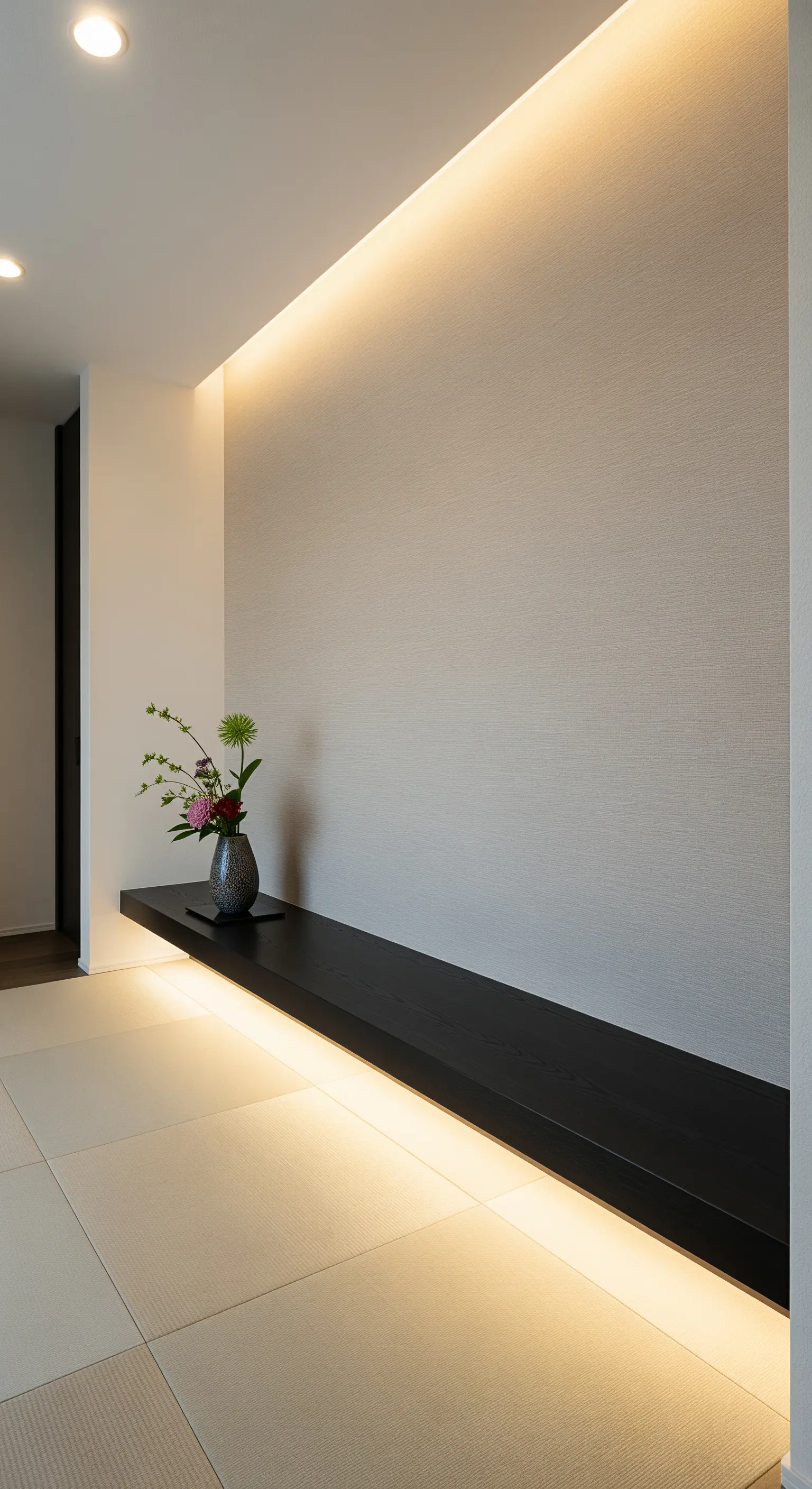 Lunga panca nera sospesa con illuminazione LED in un ingresso in stile giapponese.