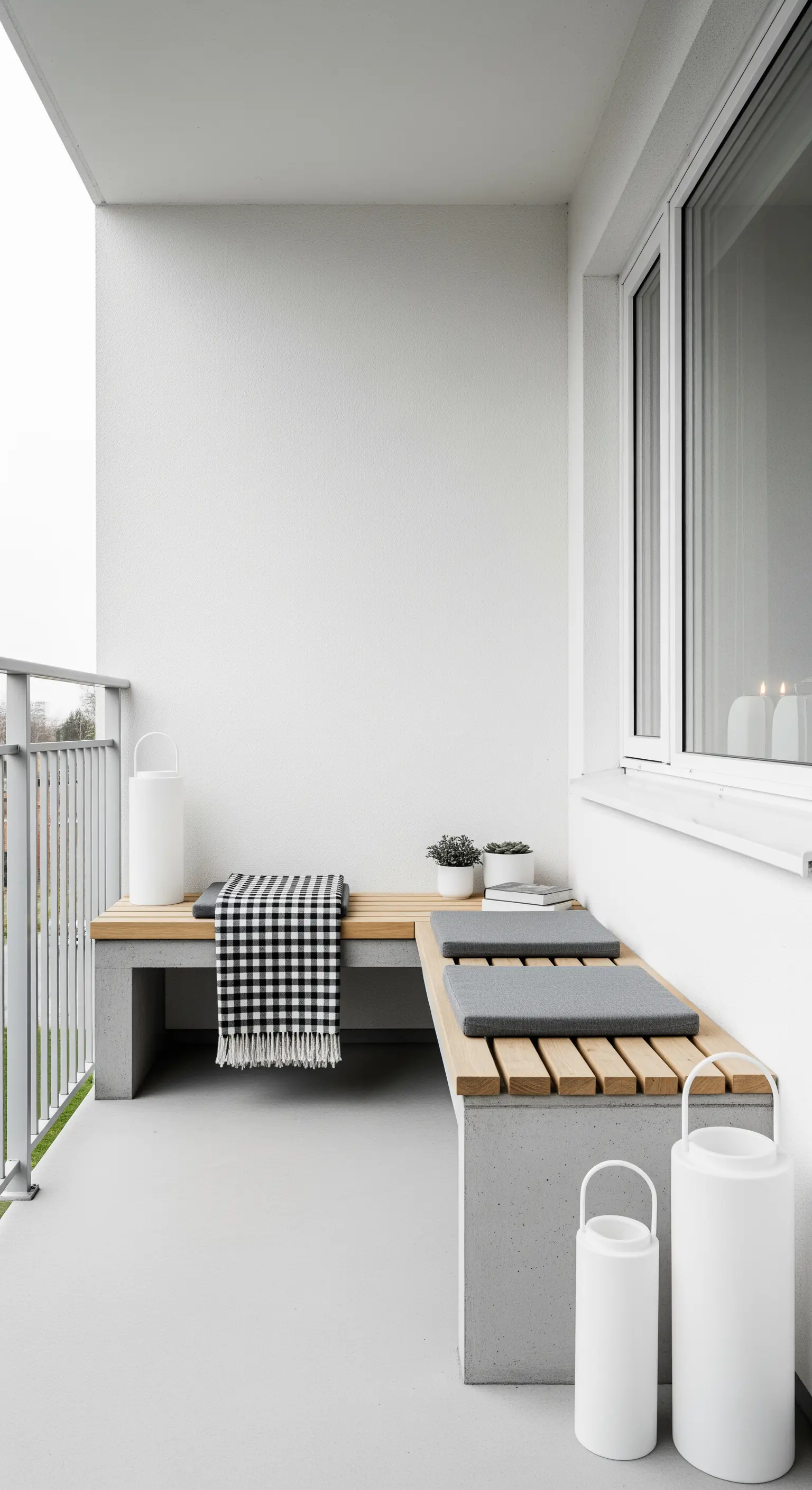 Balcone minimalista con panca in cemento e legno, plaid a scacchi e lanterne bianche.