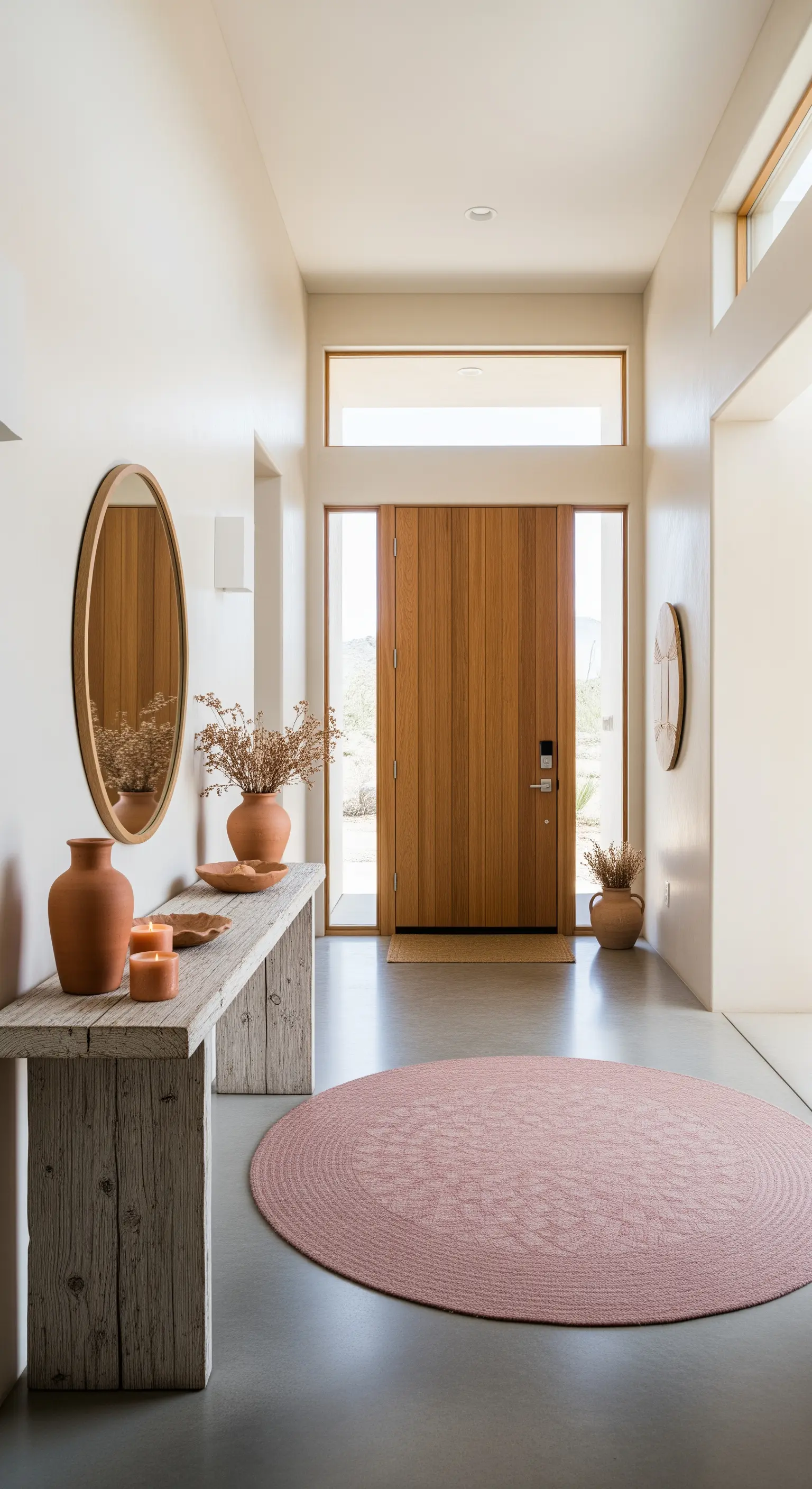 Ingresso desert modern con consolle in legno sbiancato, vasi in terracotta e tappeto rotondo rosa.