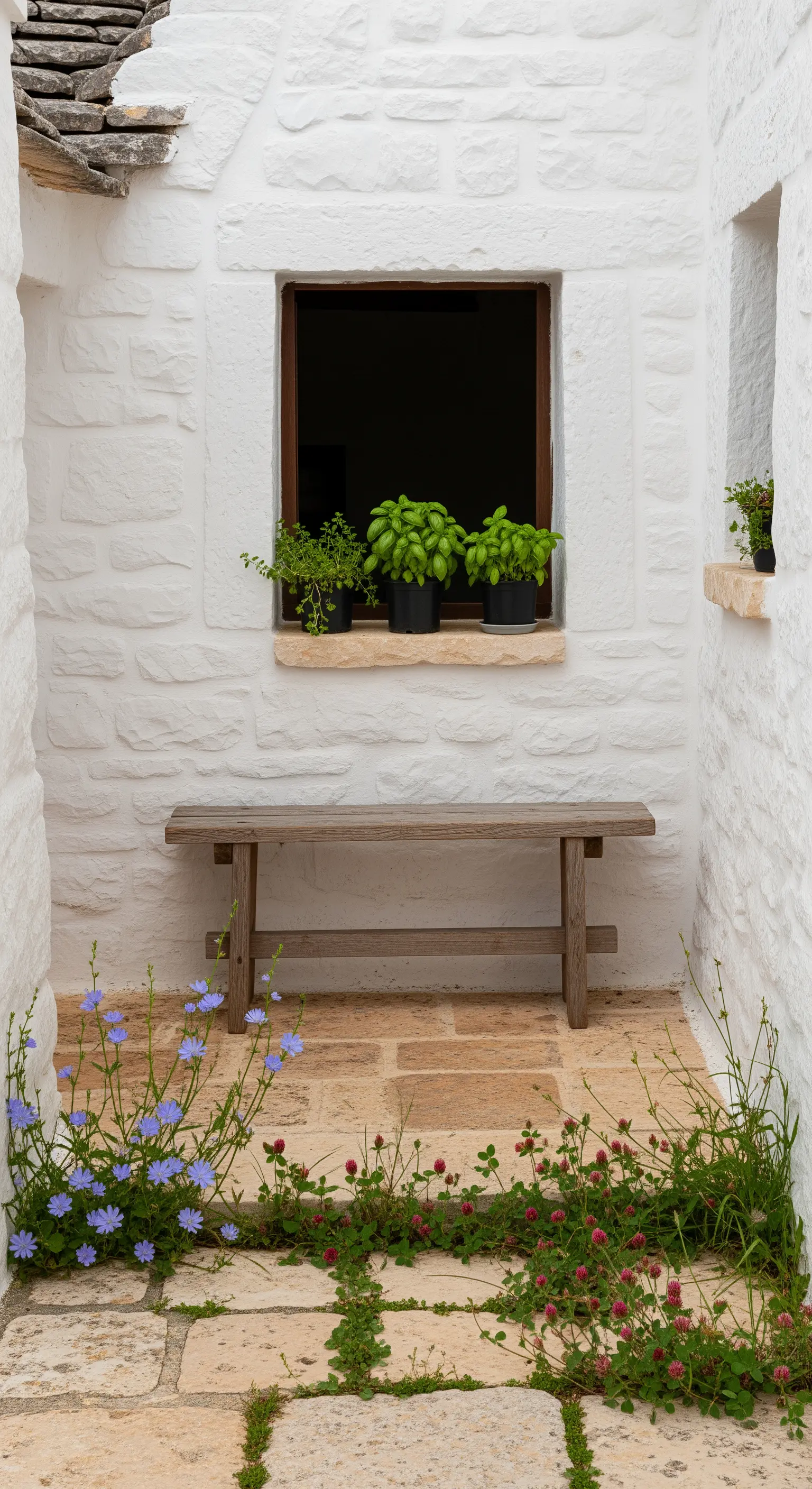 Piccola panca in legno in un cortile bianco con erbe aromatiche sul davanzale e fiori spontanei.