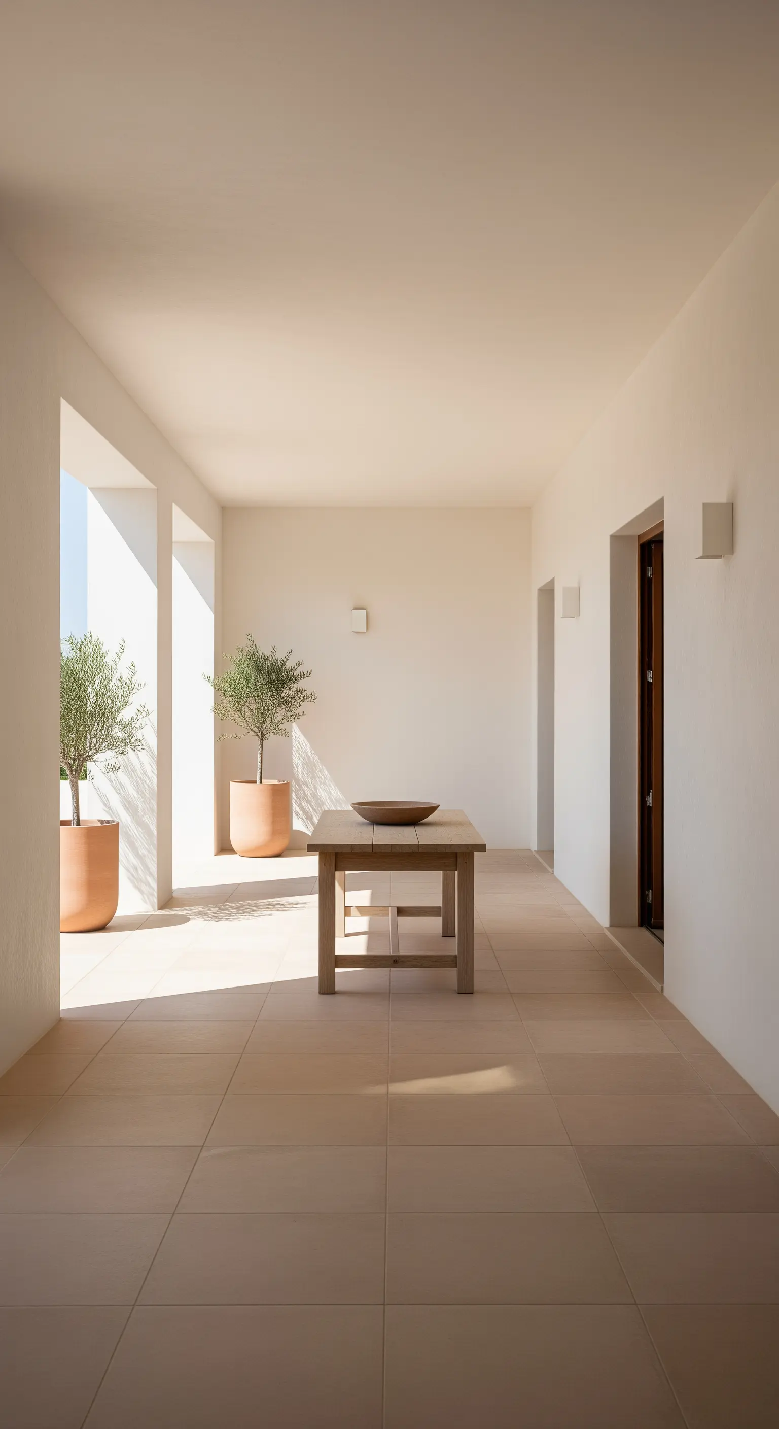 Portico moderno e minimale con pareti bianche, tavolo in legno e ulivi in vaso.
