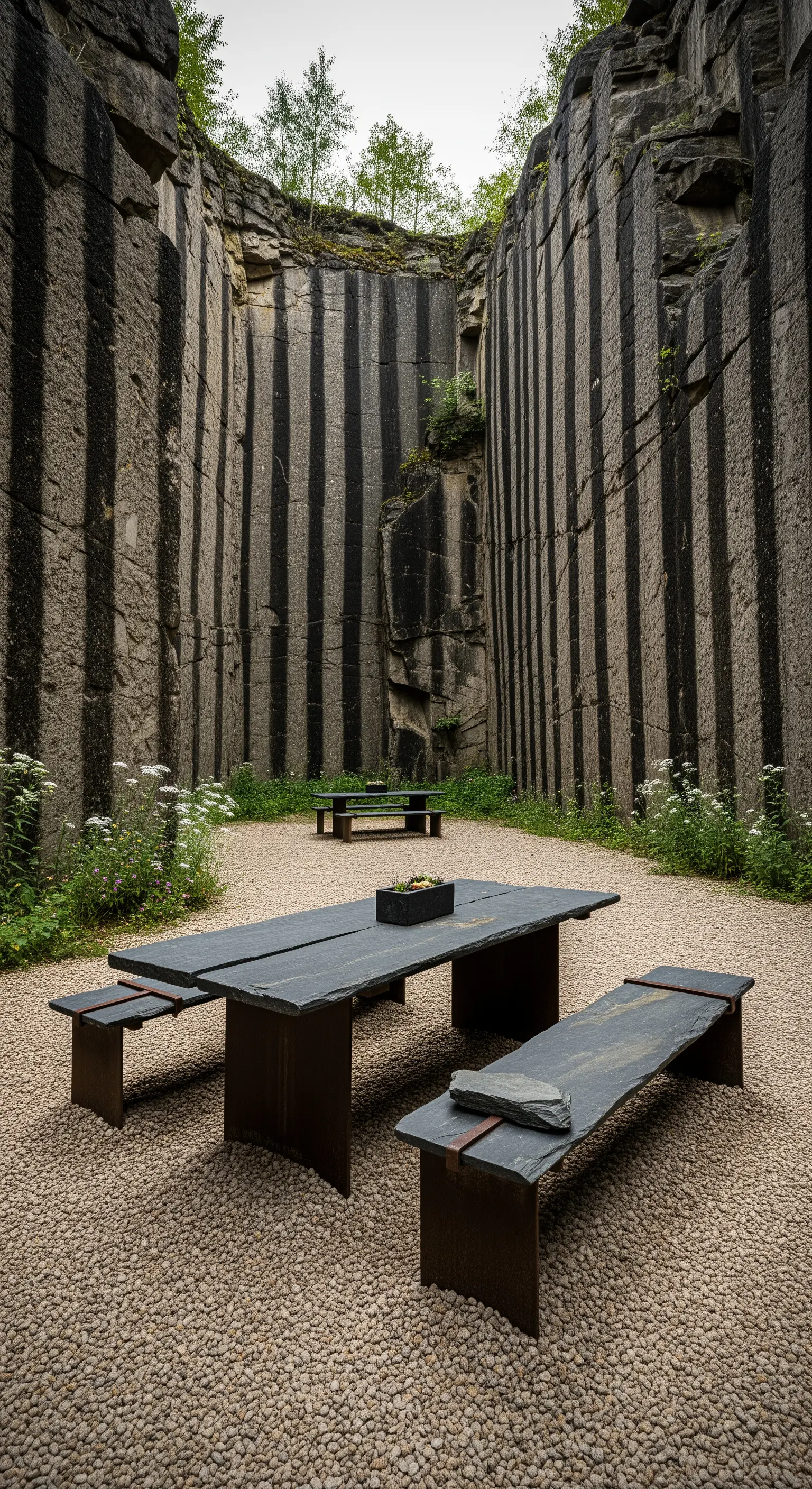 Tavolo e panche minimaliste in ardesia scura in una cava di roccia dalle pareti striate.