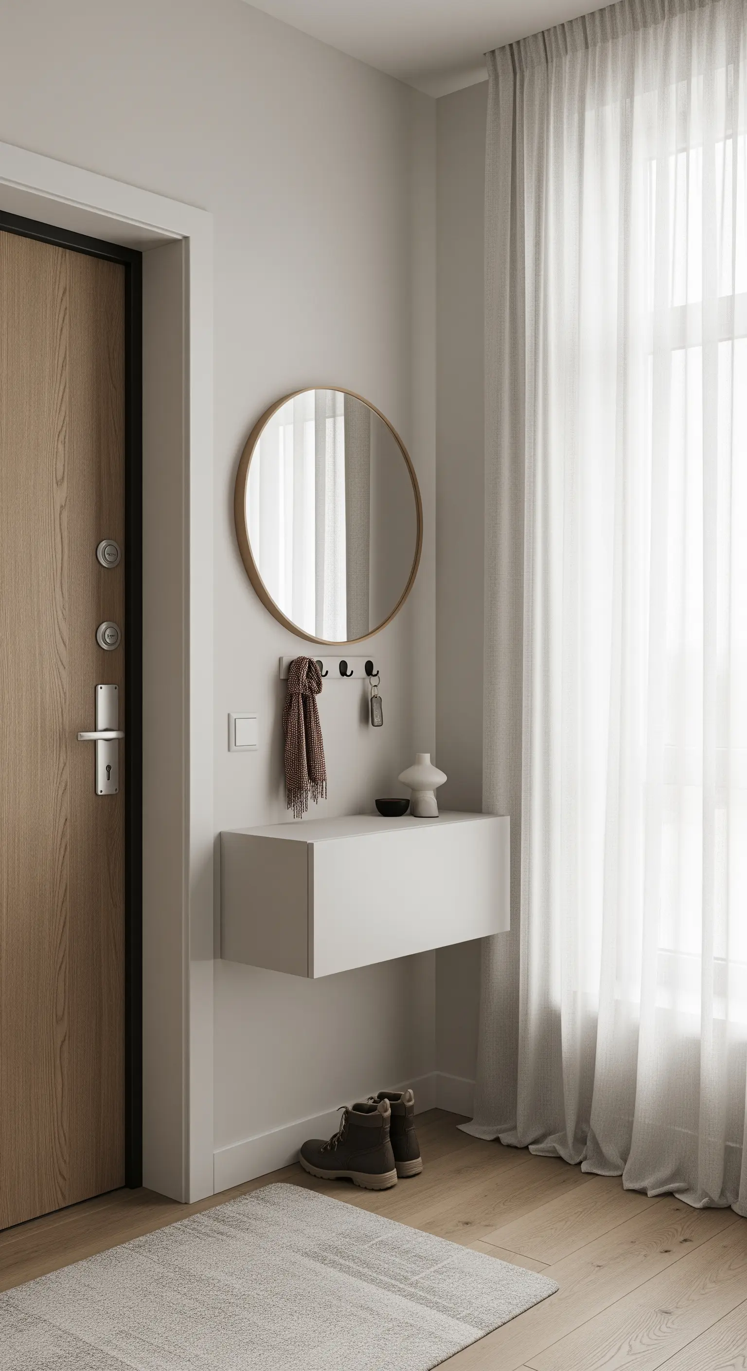Ingresso scandinavo minimale con consolle bianca sospesa, specchio rotondo e tenda bianca velata.