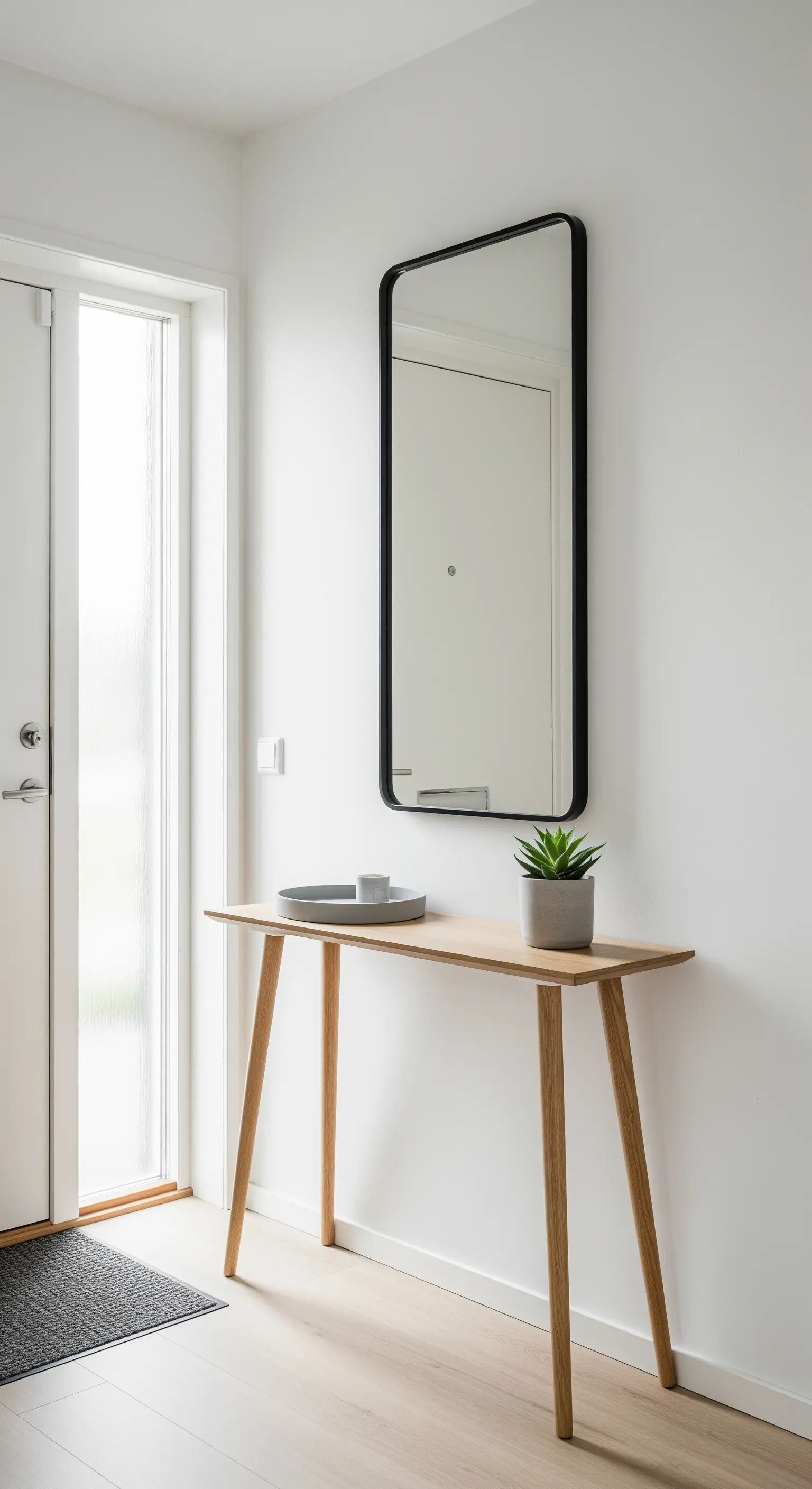 Consolle sottile in legno chiaro con specchio verticale dalla cornice nera in un ingresso minimalista.