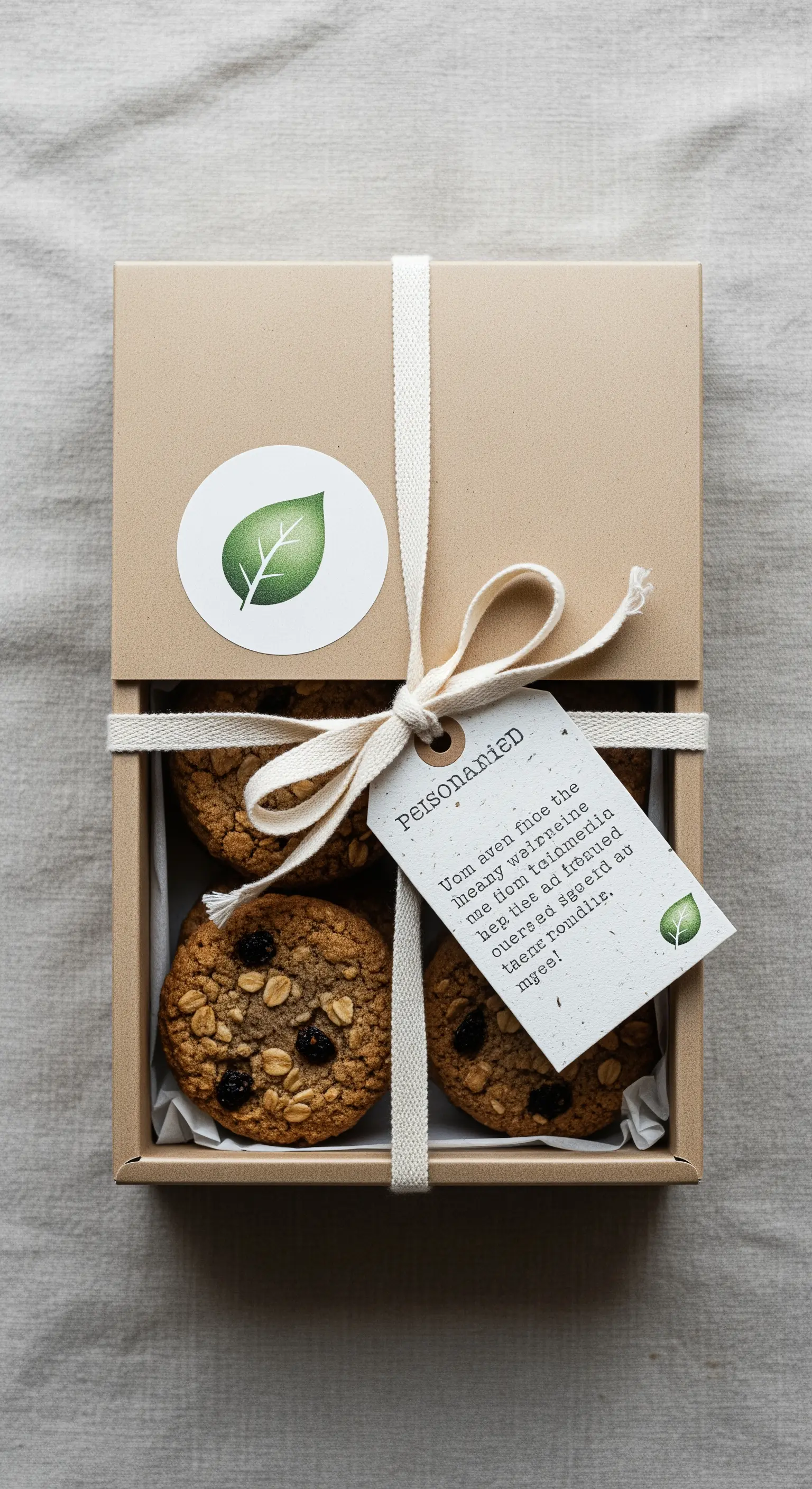 Biscotti d'avena in una scatola di cartone con nastro in cotone e un tag ecologico.