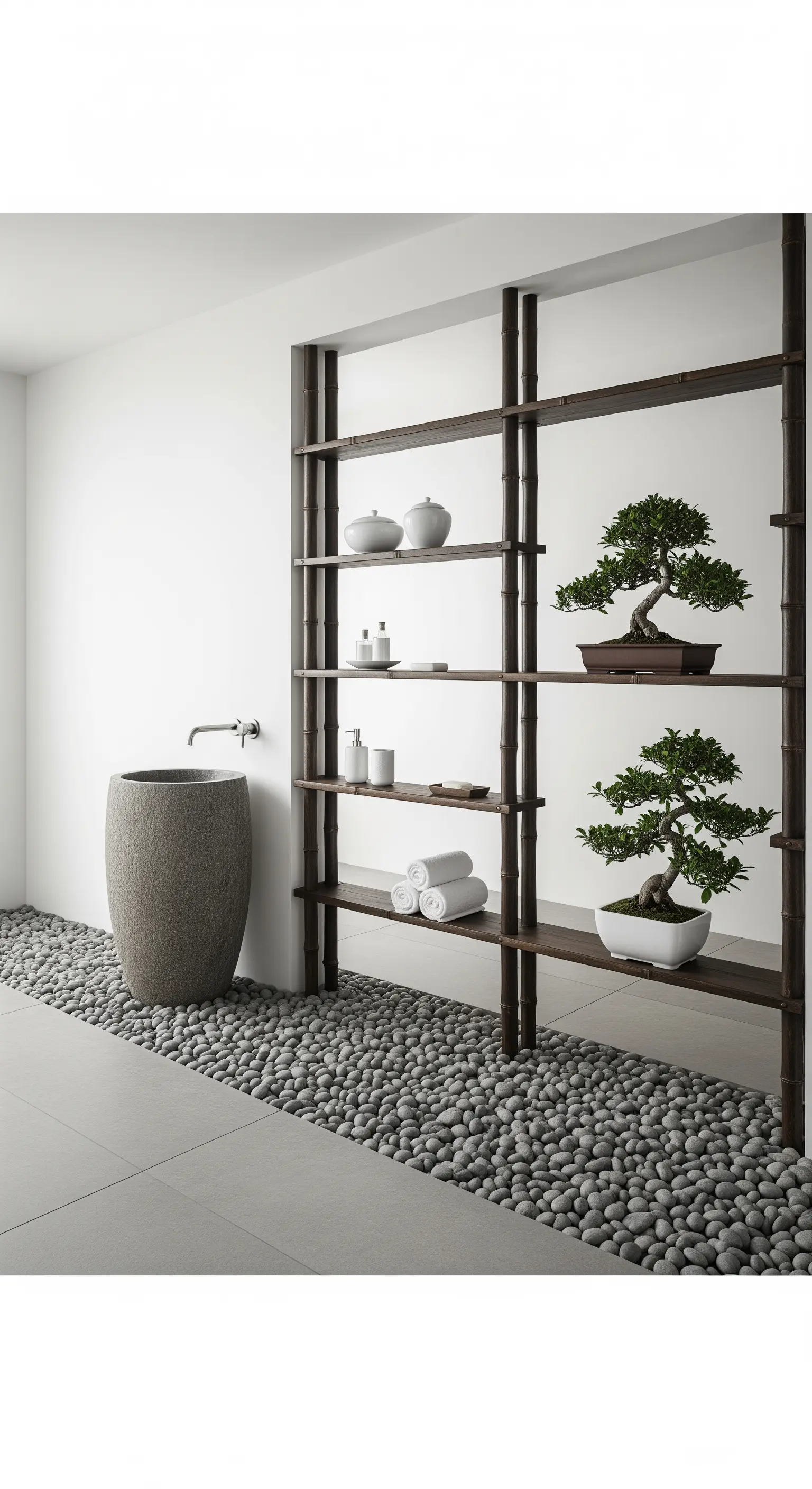 Scaffalatura in stile giapponese con montanti in bambù, bonsai e un letto di ciottoli alla base.