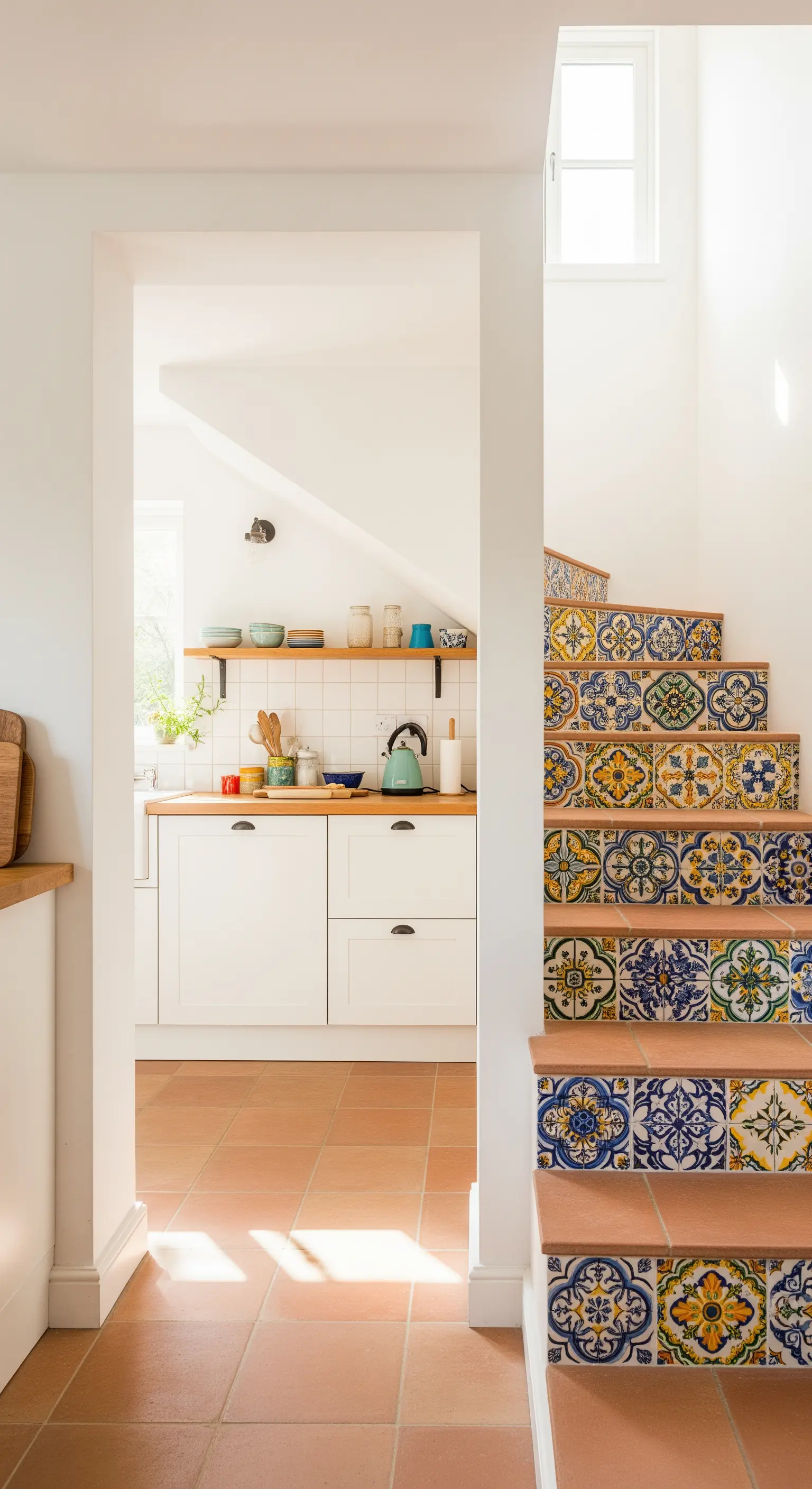 Scala con alzate rivestite in maioliche patchwork che parte da una cucina con pavimento in cotto.
