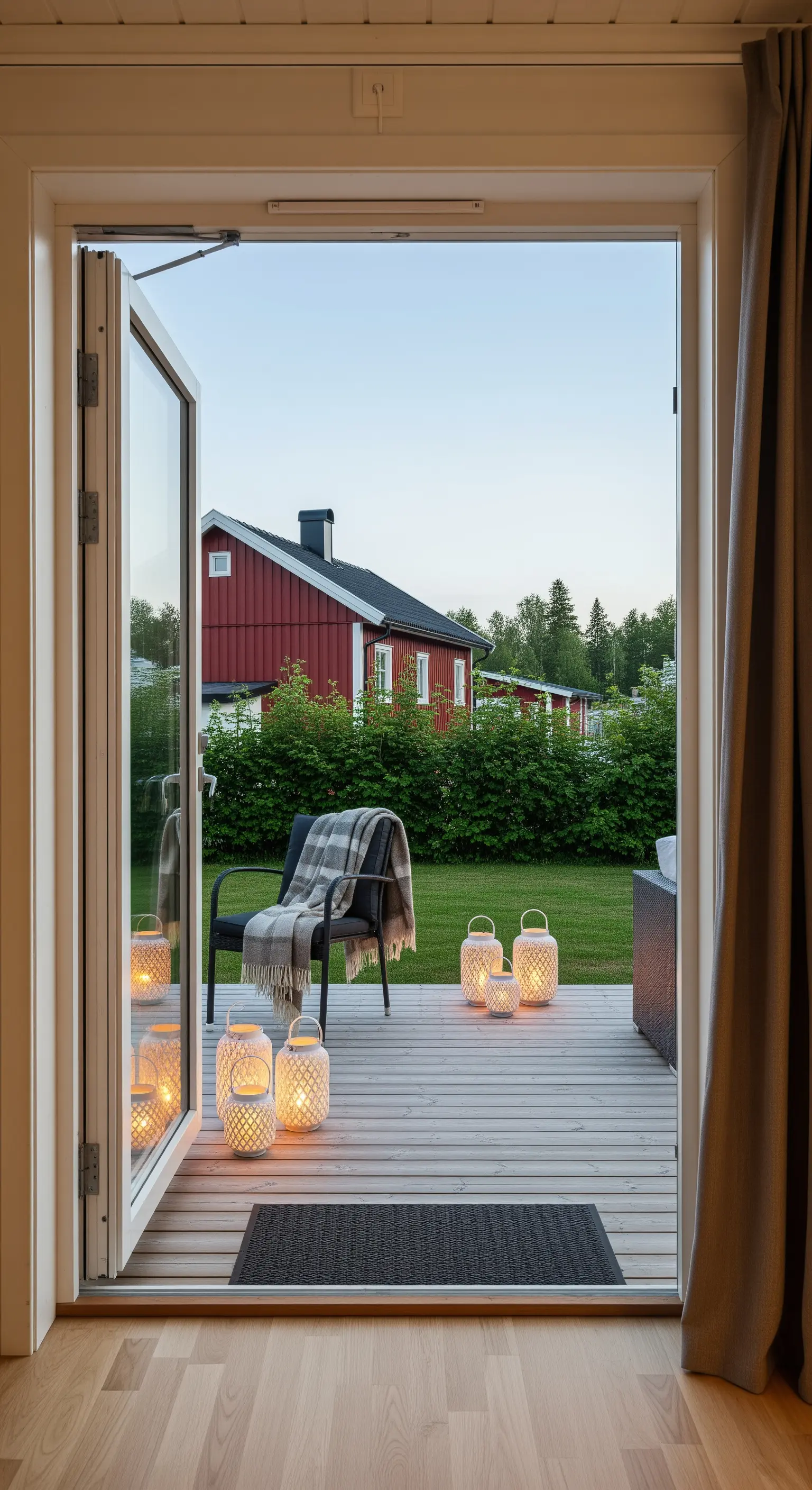 Vista dall'interno verso un patio in legno con una sedia e lanterne accese.