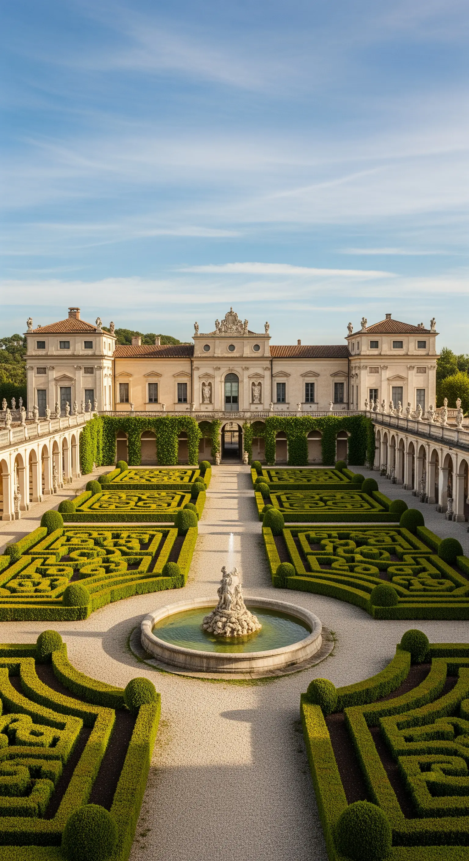 Villa storica con un grande giardino all'italiana simmetrico che si estende dalla facciata principale