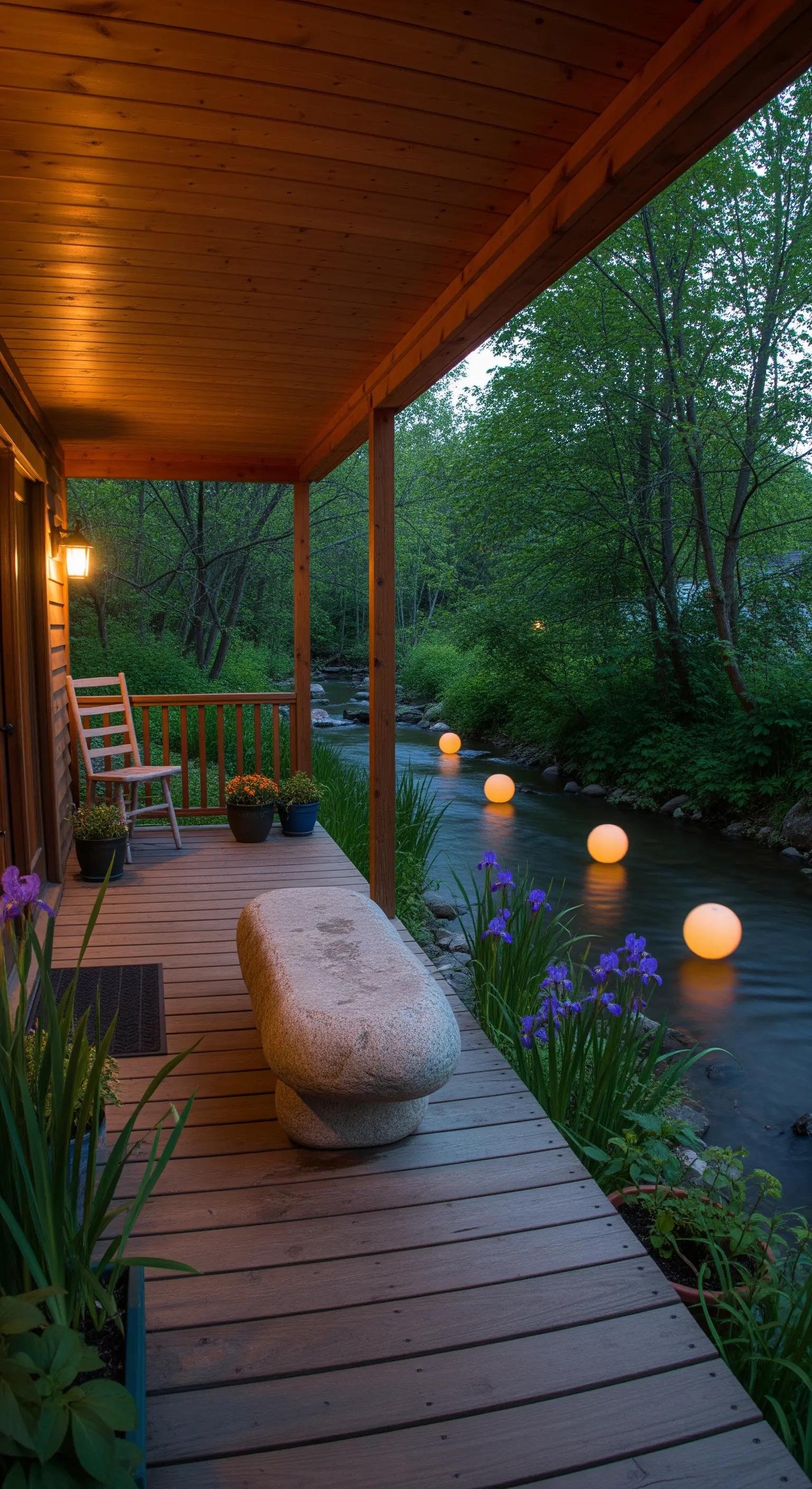 Portico in legno affacciato su un ruscello in cui galleggiano delle sfere luminose a LED