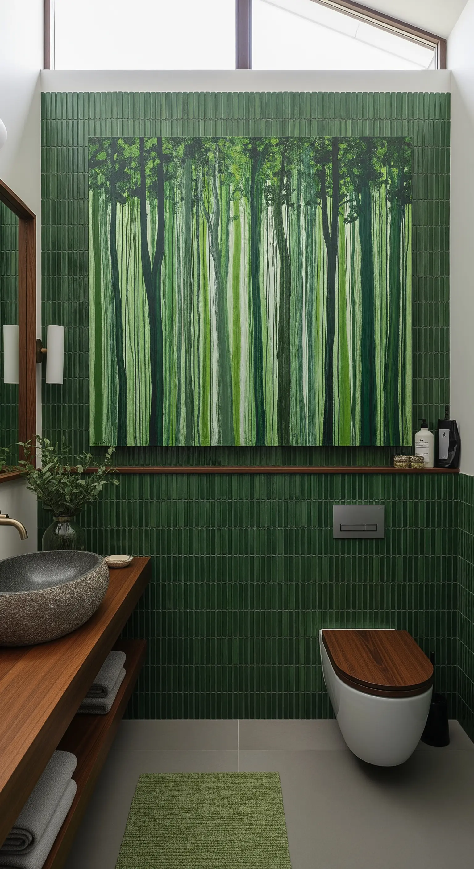 Bagno con piastrelle verticali verdi e un quadro di una foresta che crea profondità.