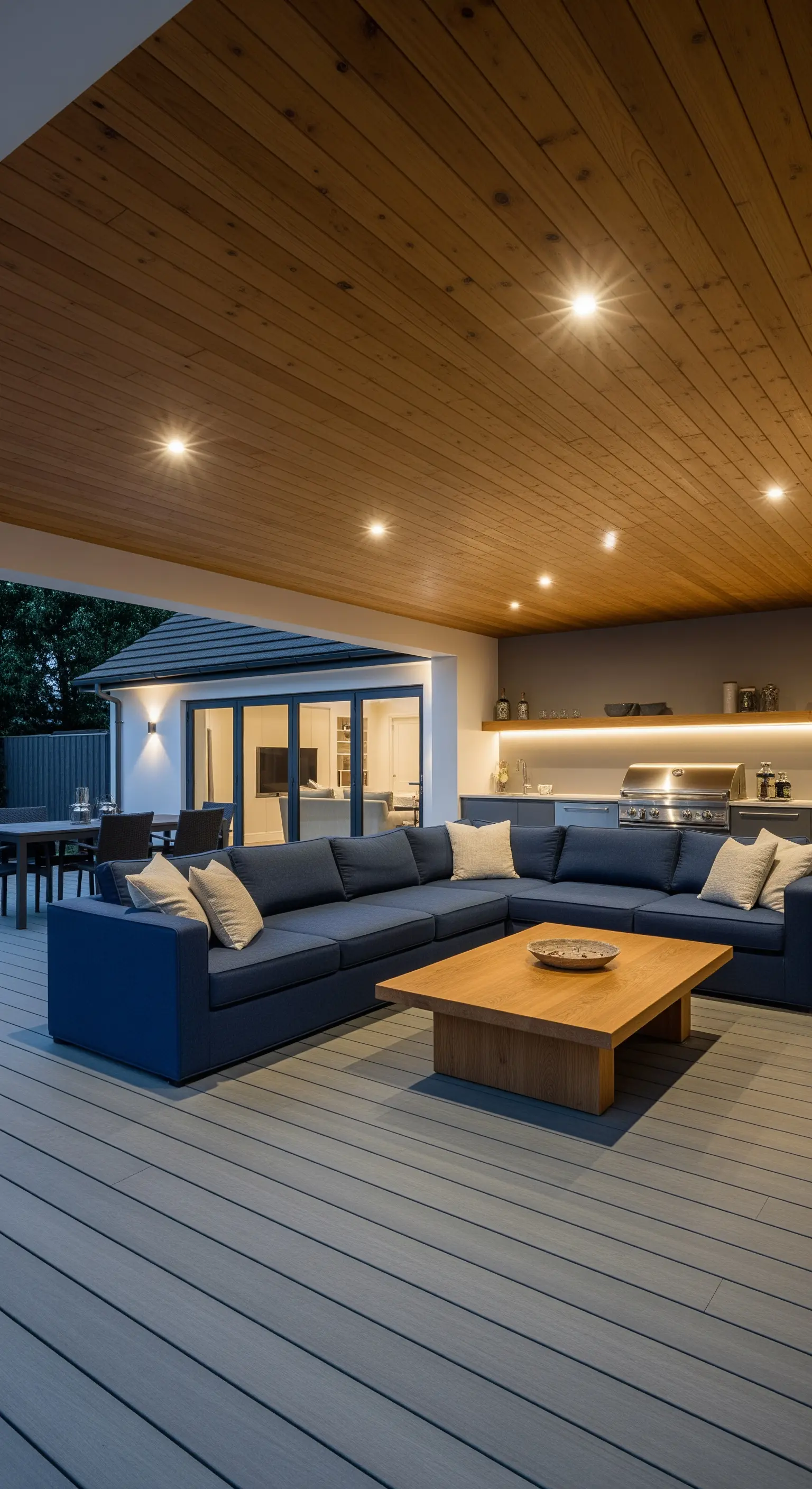 Patio coperto con soffitto in legno, grande divano blu e cucina esterna.