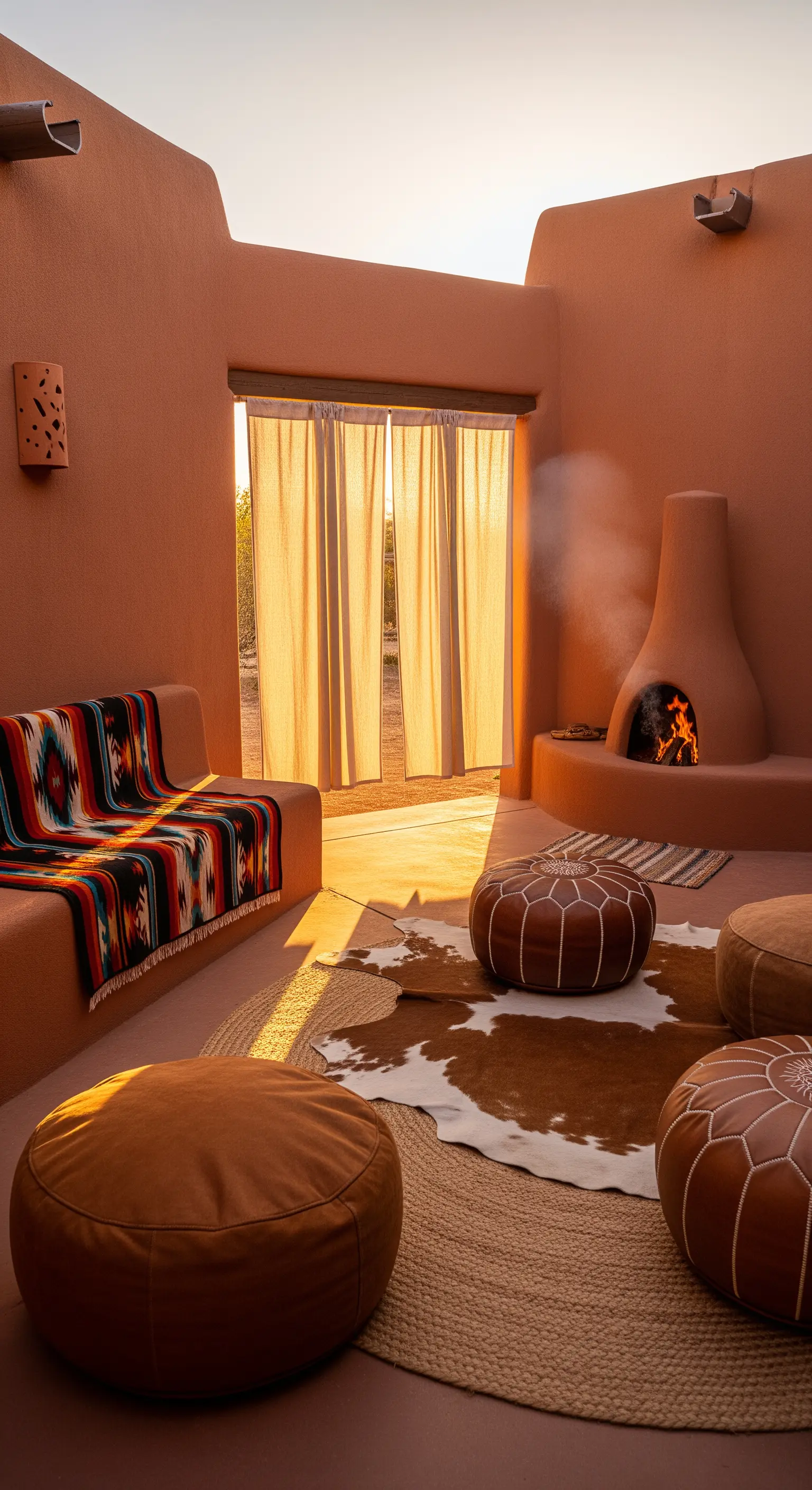 Interno in stile adobe con camino, pouf in pelle e tappeto in pelliccia.