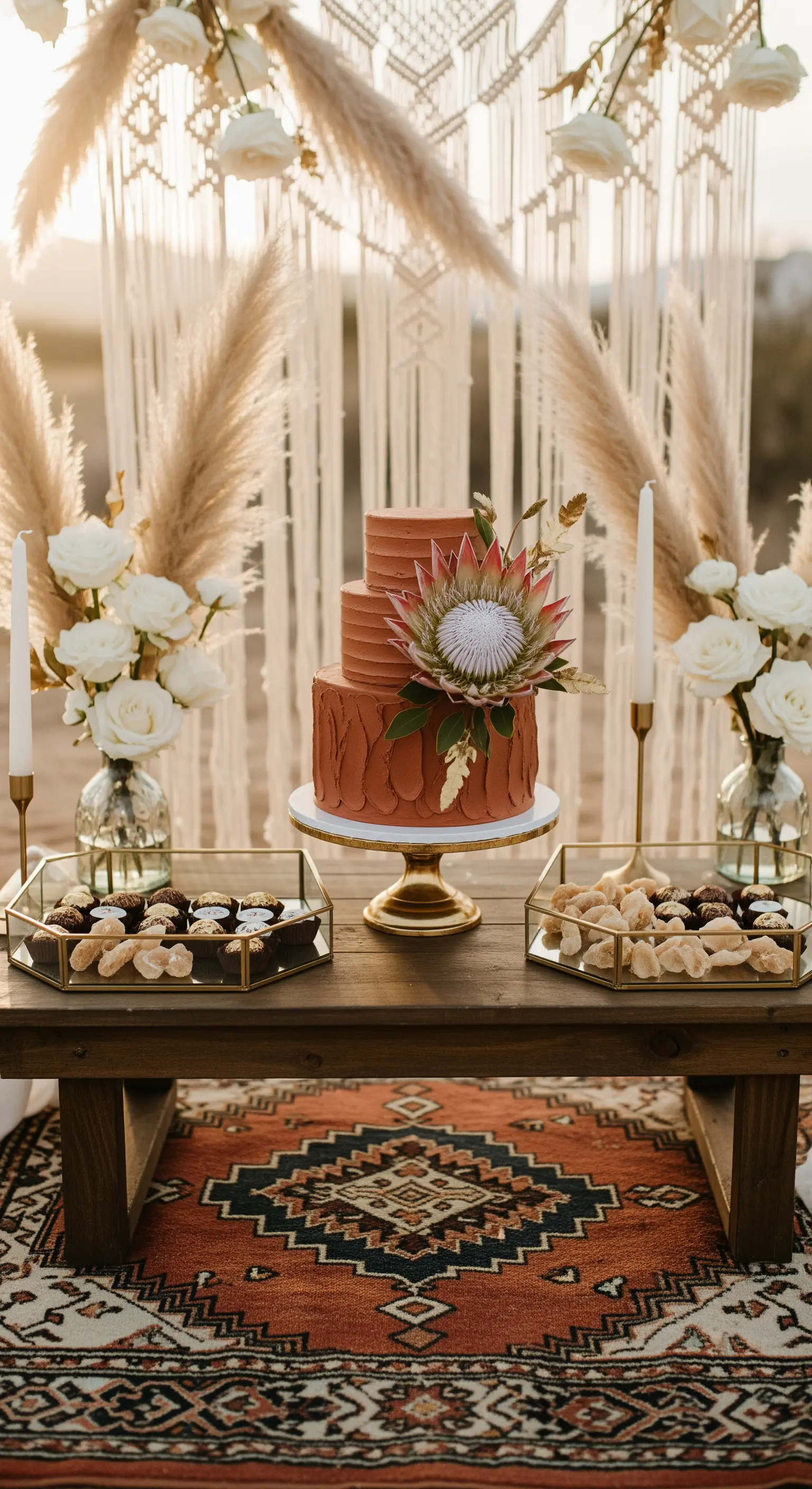 Torta color terracotta con fiore di protea, pampas e sfondo in macramè.
