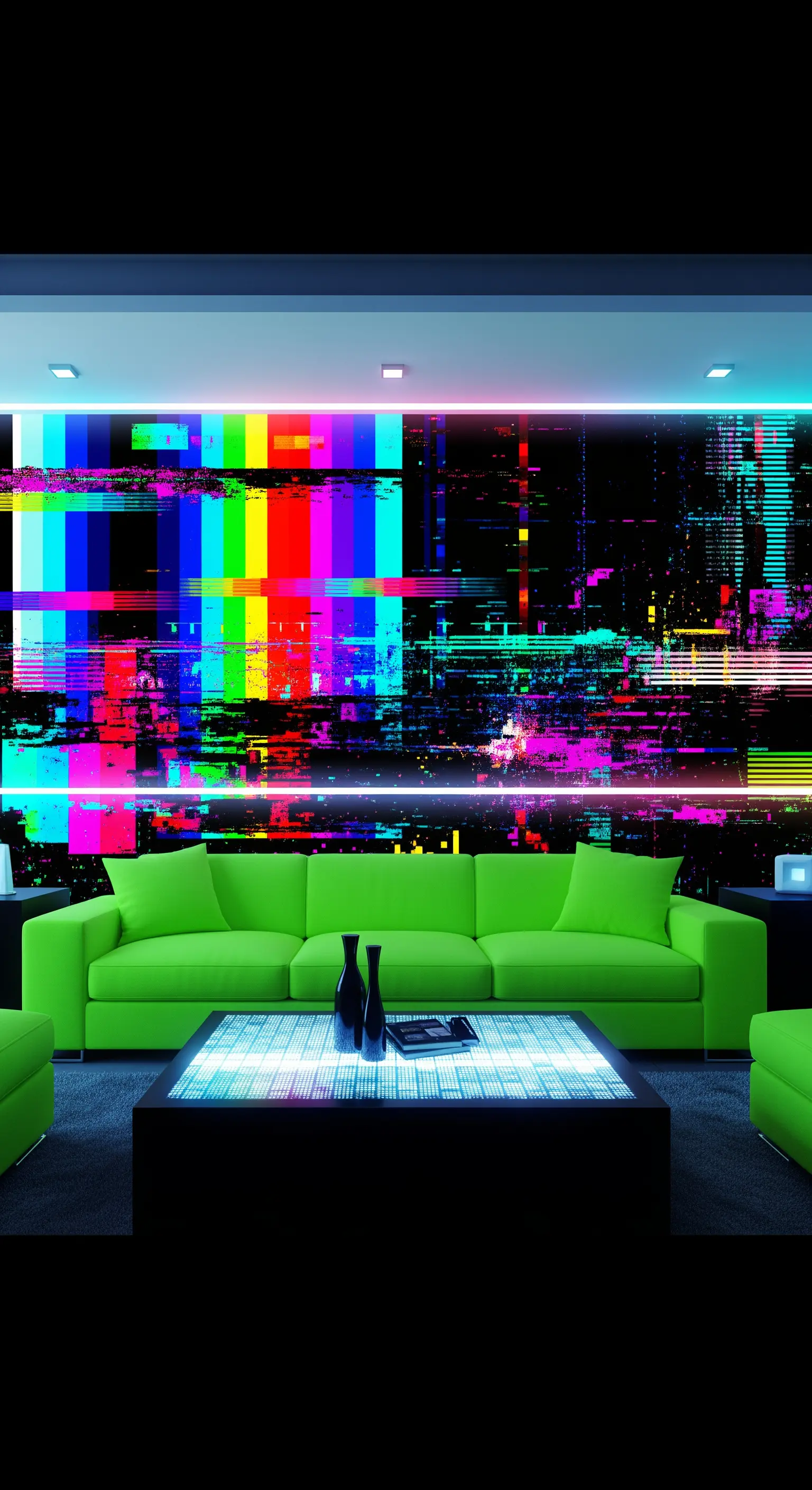 Salotto futuristico con murale a effetto schermo TV glitch e un divano verde neon.