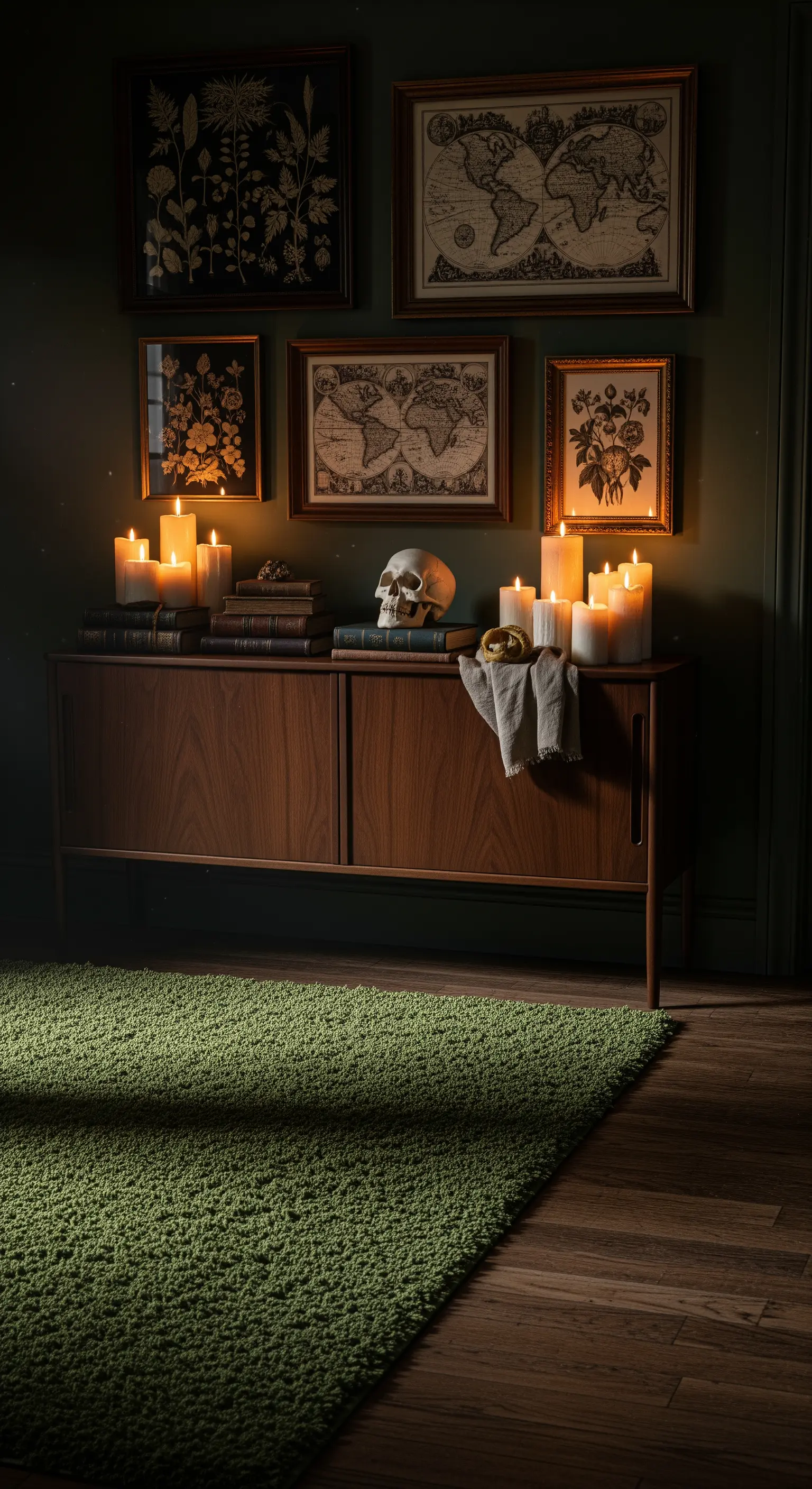 Angolo d'ingresso scuro e suggestivo con credenza in legno, candele, mappe antiche e un teschio.