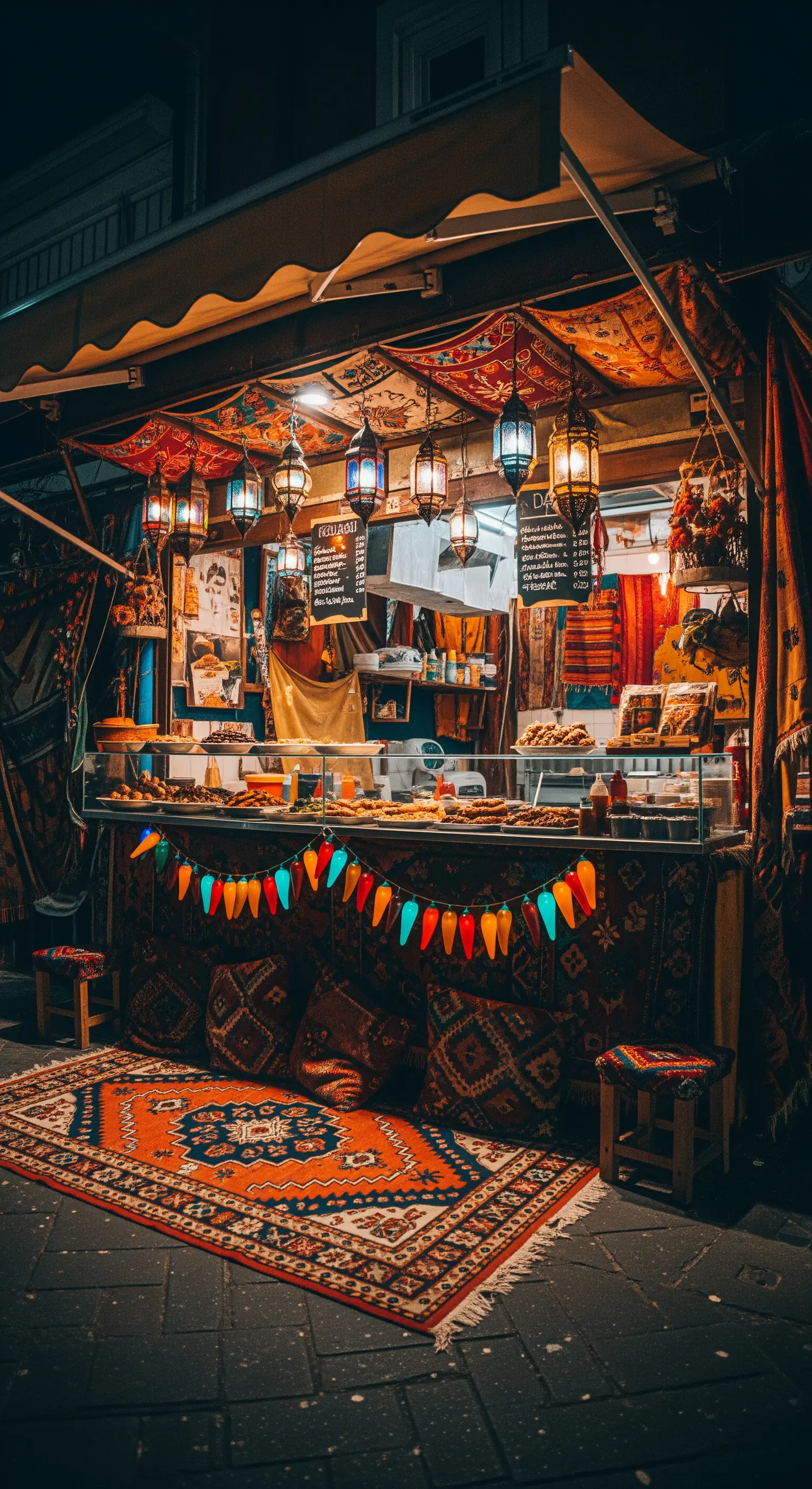 Bancarella di un mercato notturno decorata con tappeti kilim e lanterne colorate.