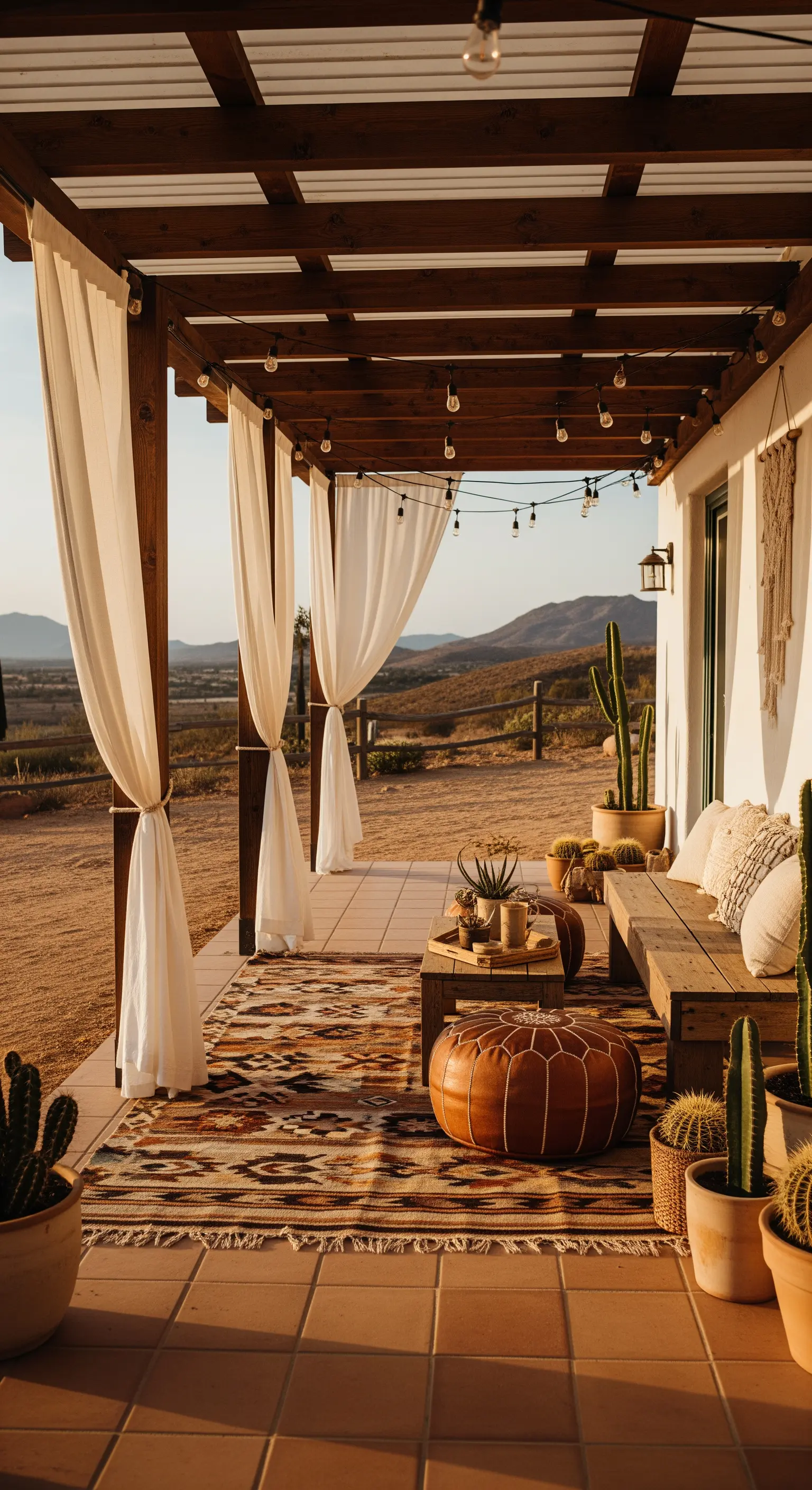 Veranda in stile desert-boho con tappeto kilim, pouf in pelle e panche in legno.