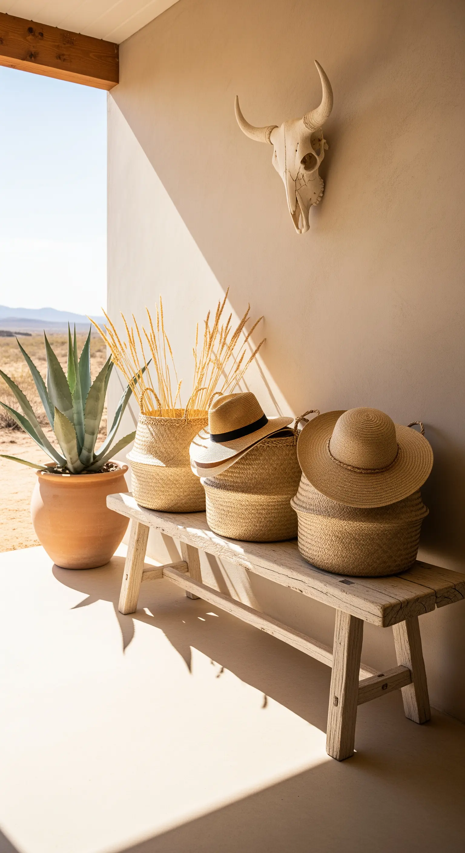 Panca in legno sbiancato all'esterno con cappelli di paglia, cesti e un teschio al muro.