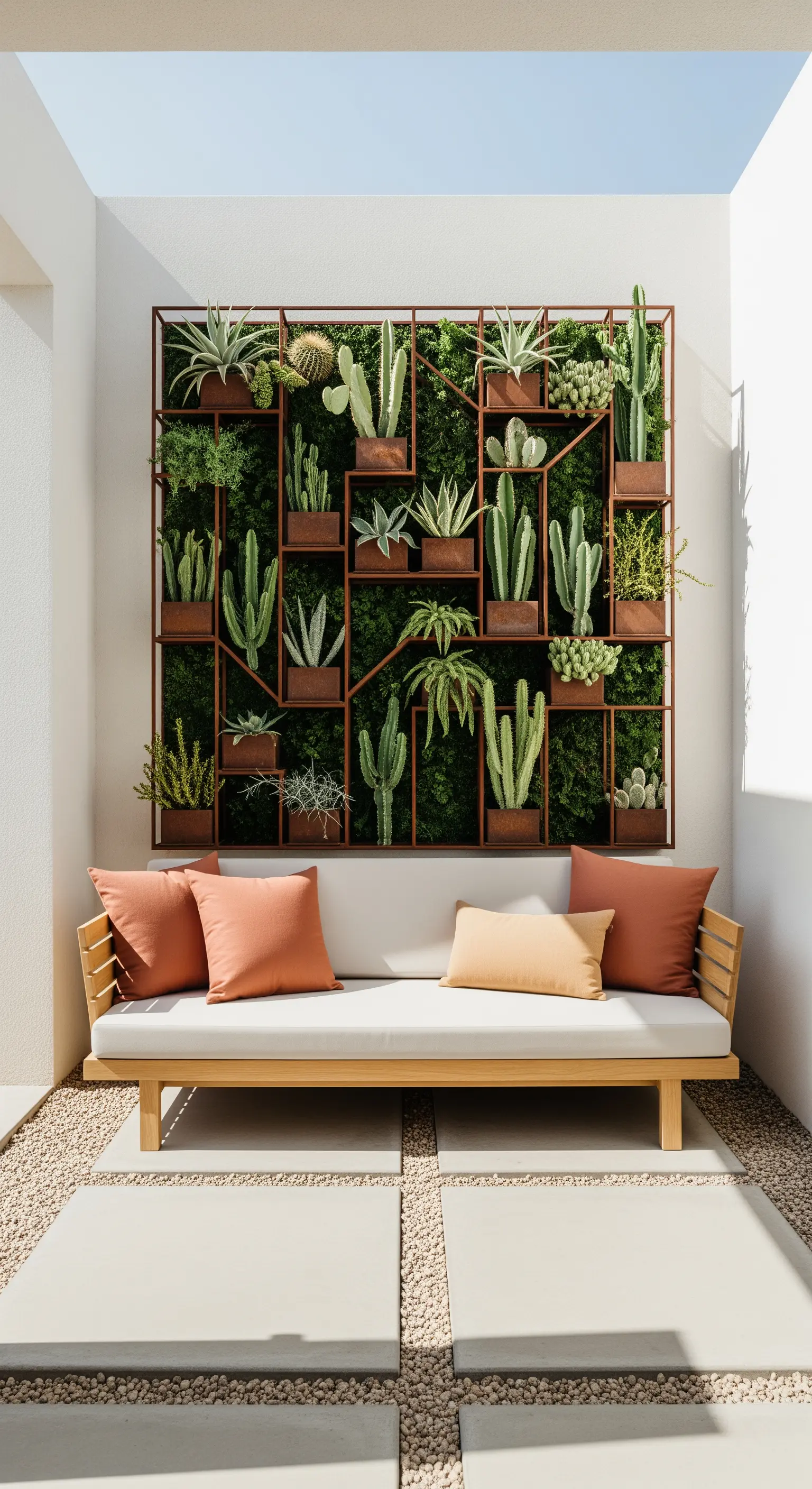 Divano in legno chiaro con cuscini color terracotta e una parete di cactus e succulente.