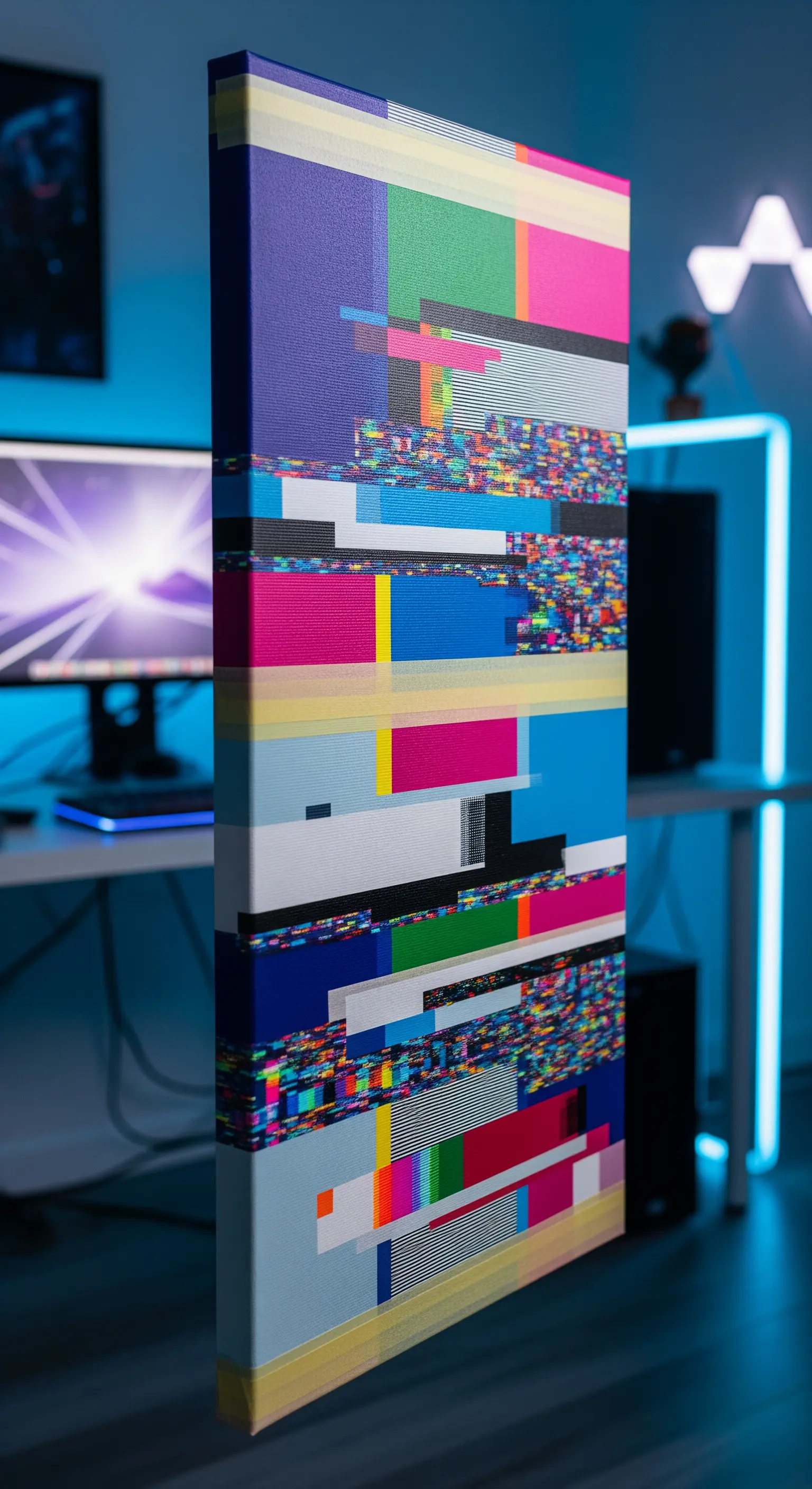 Quadro astratto ispirato alla glitch art, con bande di colori e pattern pixelati.