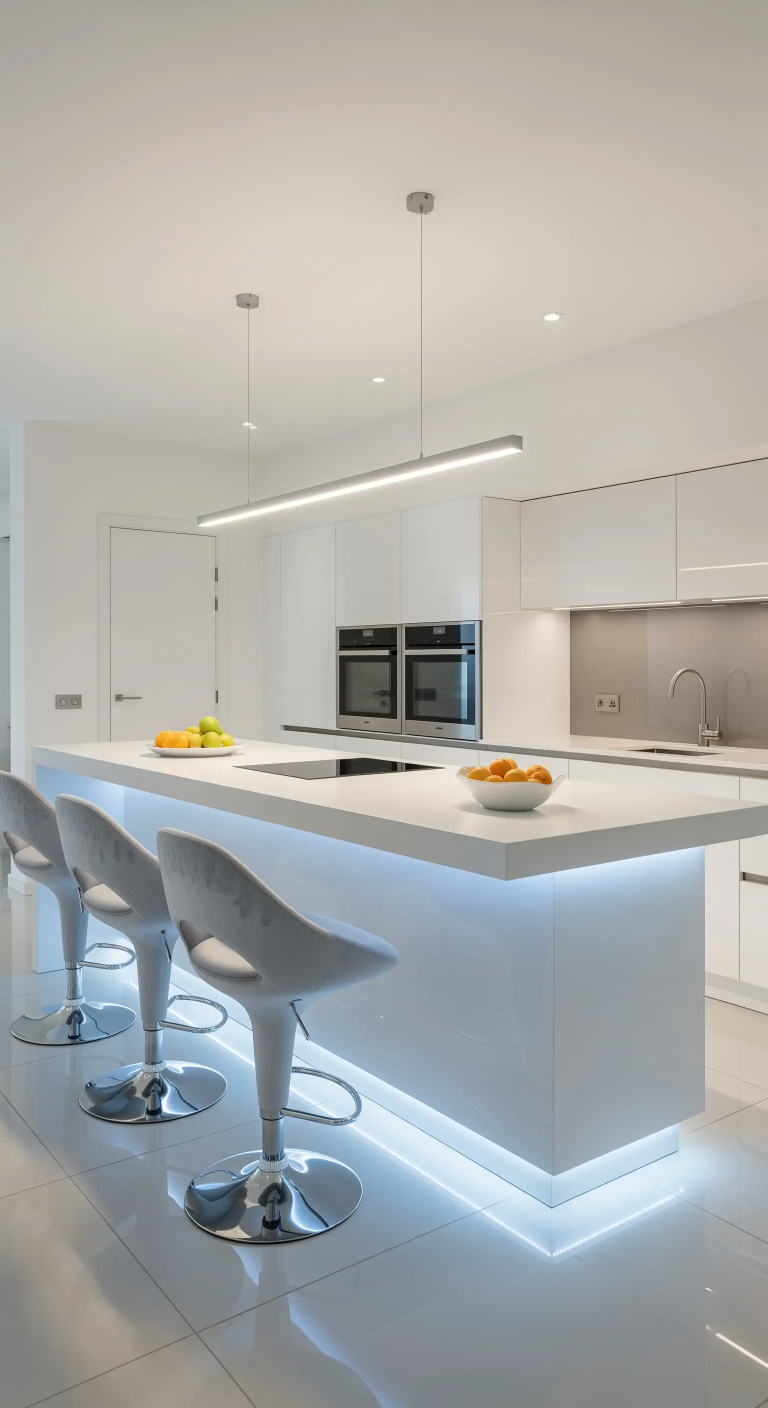 Cucina bianca high-tech con penisola illuminata alla base da una luce LED blu