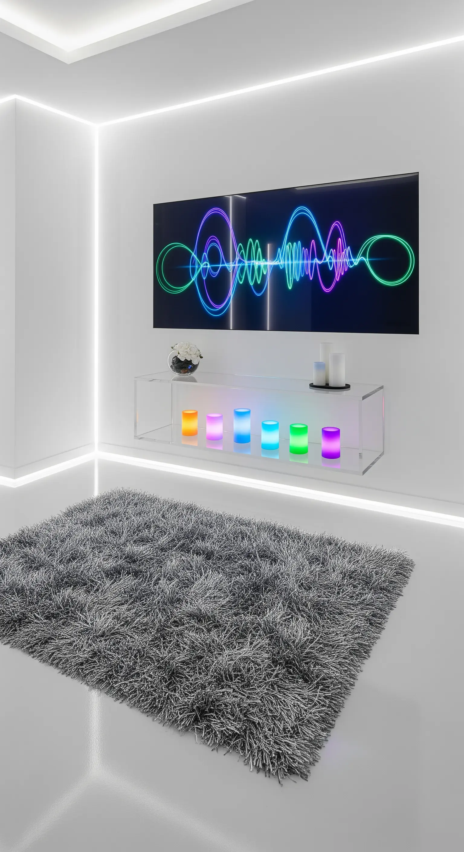 Ingresso futuristico total white con illuminazione a LED integrata e consolle in acrilico trasparente.