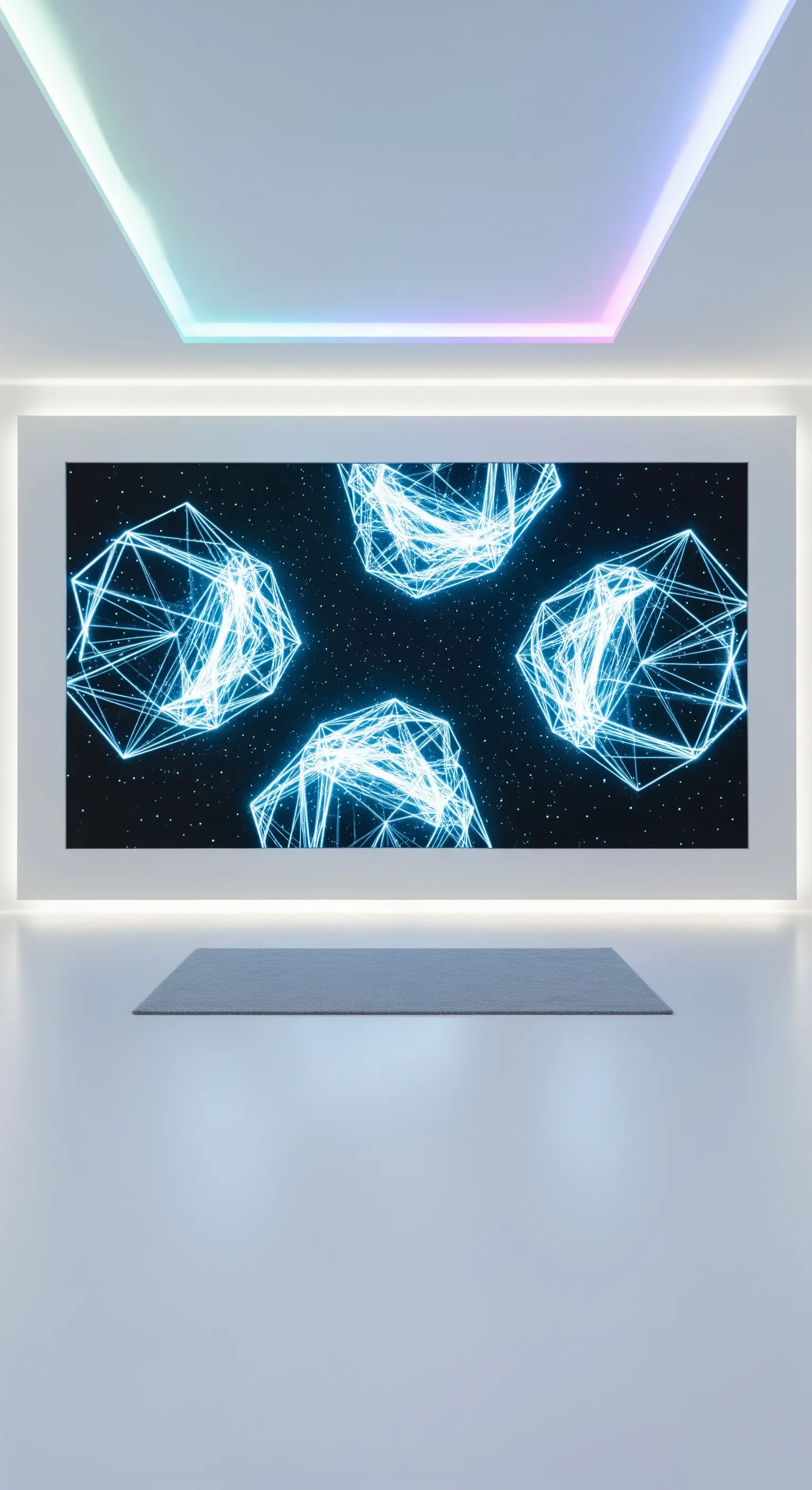 Ingresso futuristico con grande schermo a parete e illuminazione a LED colorata nel soffitto.