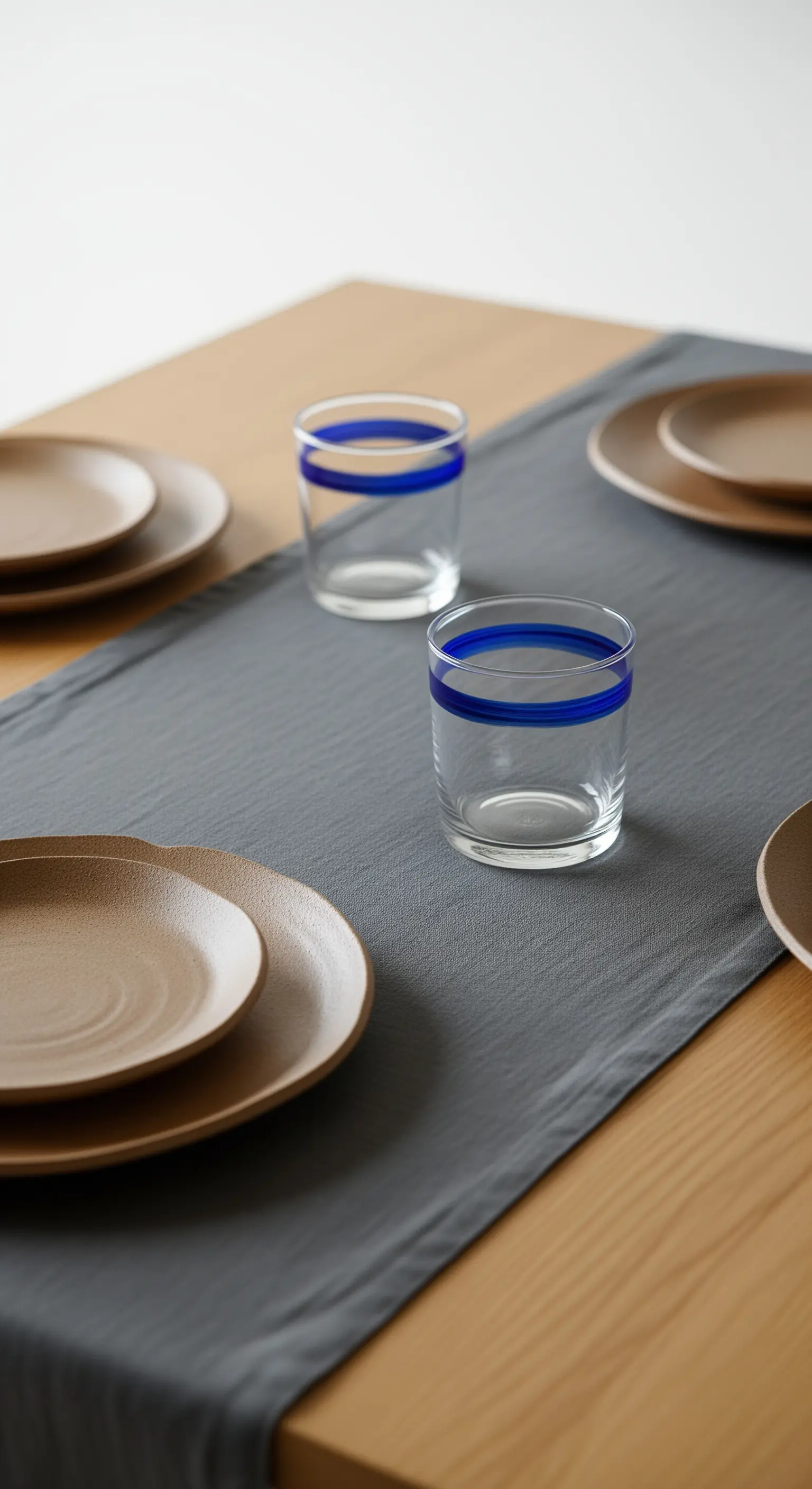 Tavola minimalista con runner grigio, piatti in stoneware e bicchieri con una riga blu