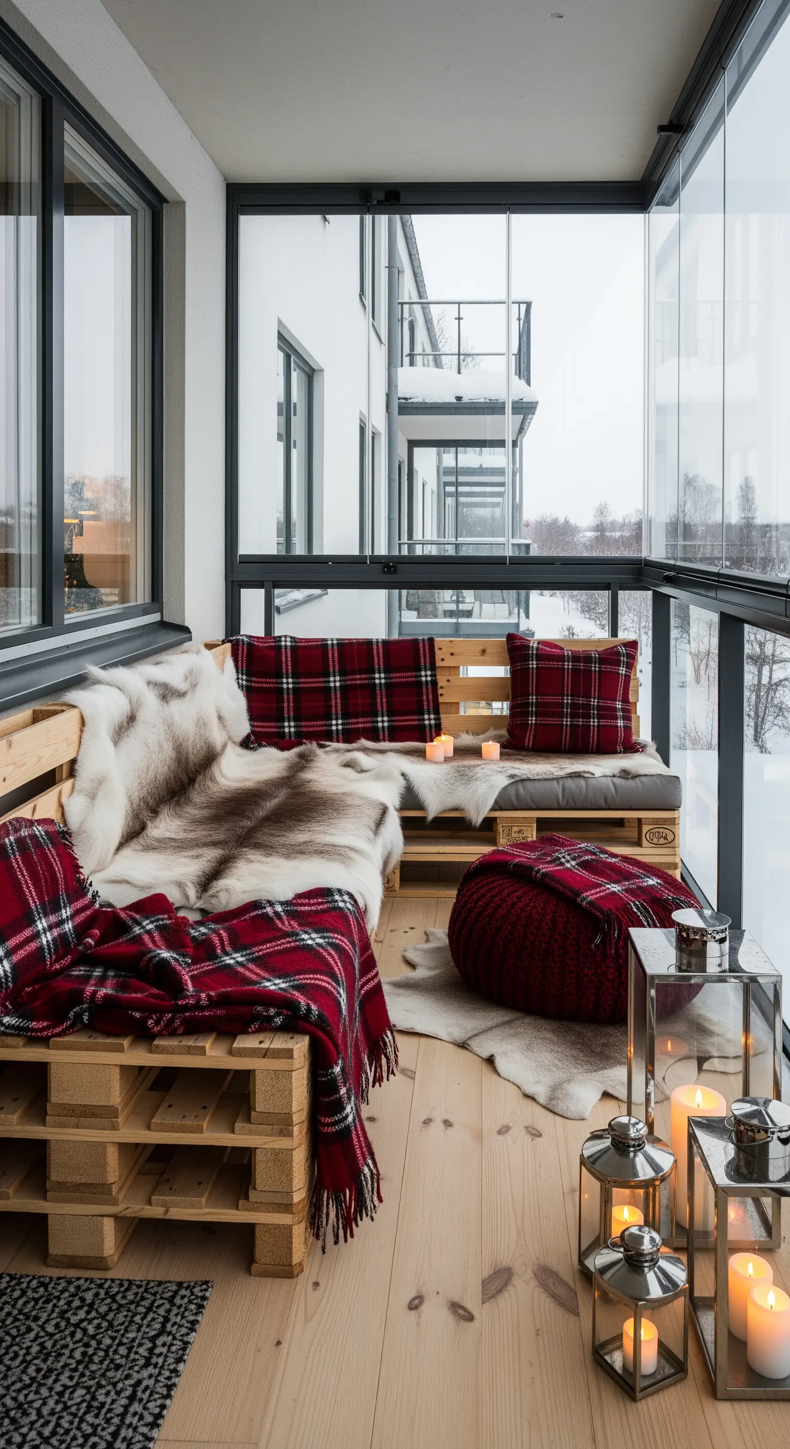 Divano angolare fatto di pallet su un balcone, con pelli e cuscini in tartan rosso.