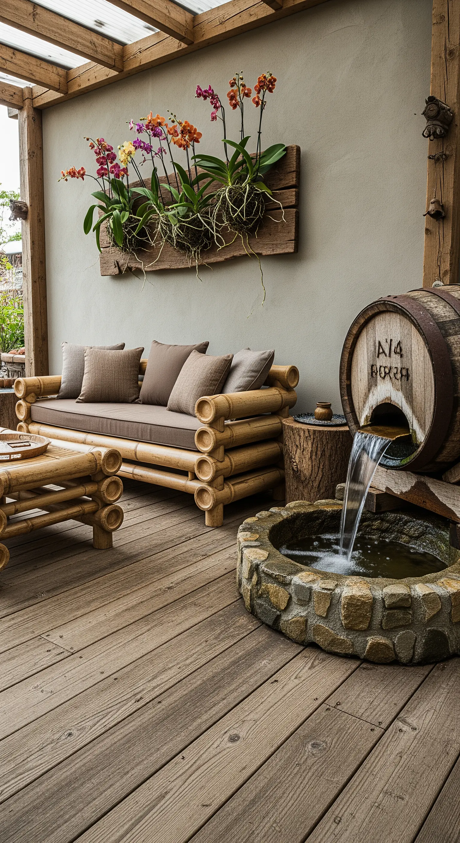 Patio rustico con divano in tronchi di bambù, fontana a botte e orchidee a parete.