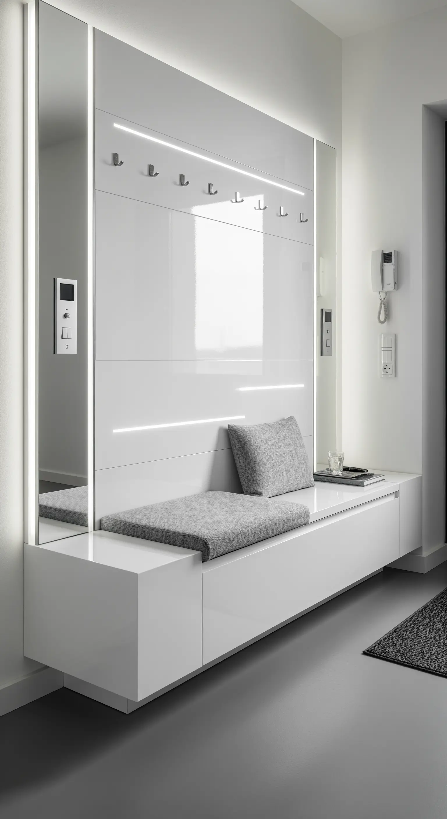 Ingresso moderno con panca sospesa bianca laccata, specchi e strisce LED integrate.