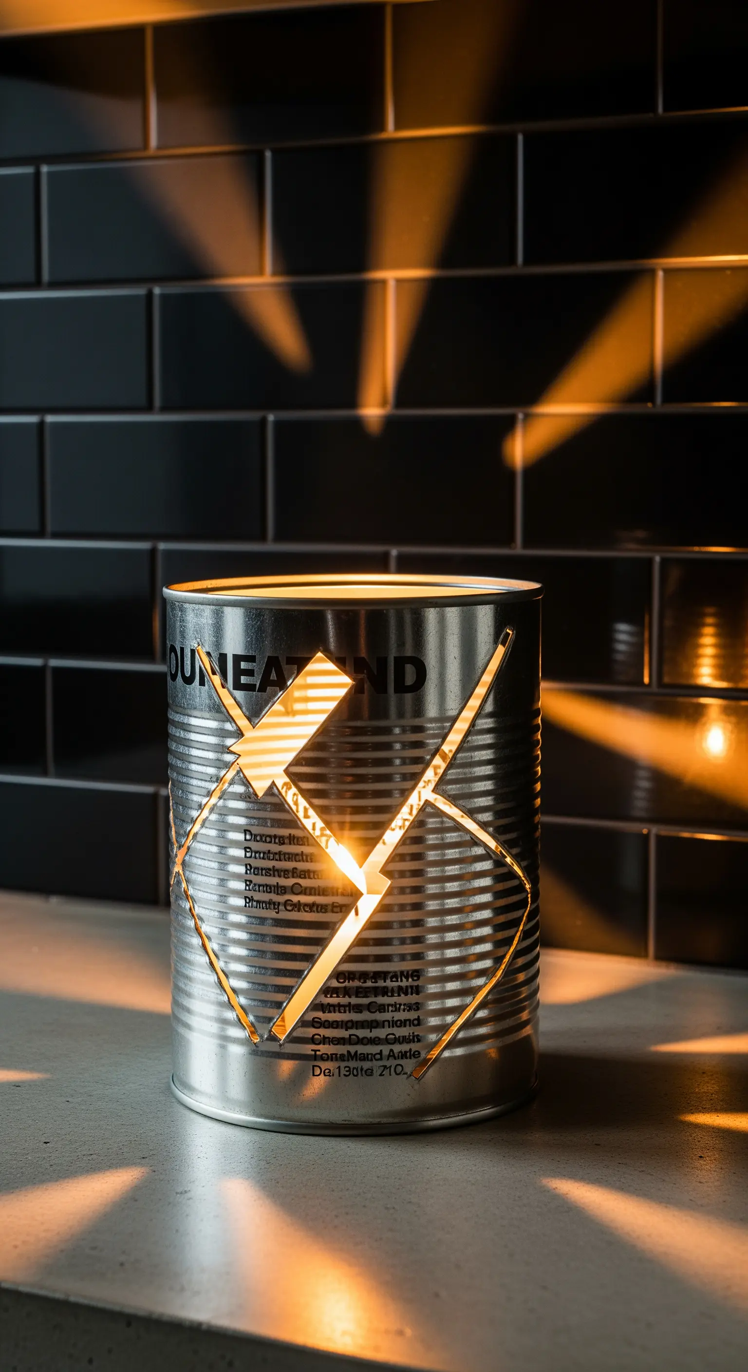 Portacandela in latta non verniciata con tagli geometrici che proiettano luce.