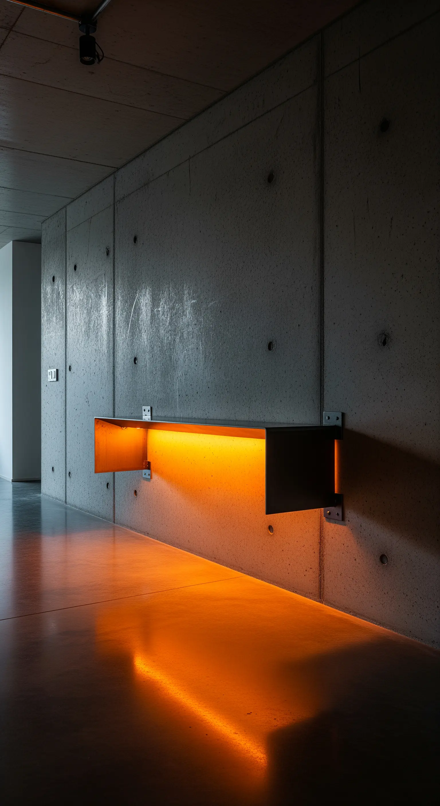 Mensola in metallo piegato su parete di cemento, illuminata internamente da una luce arancione.