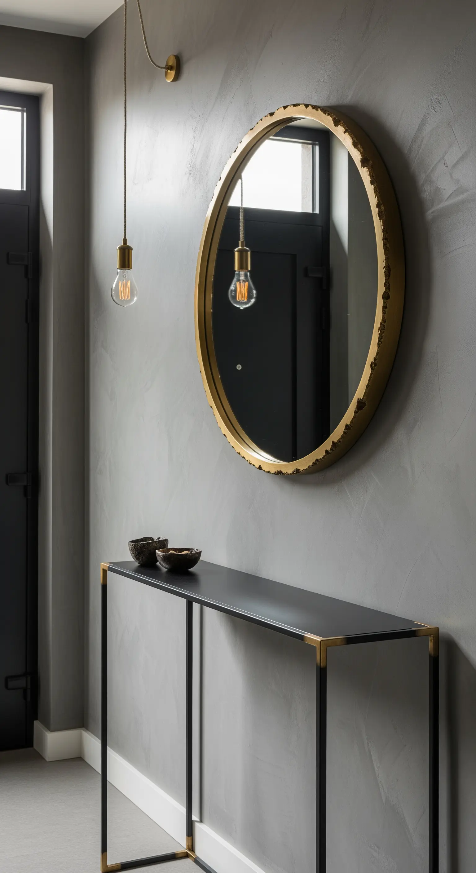 Parete grigio cemento con specchio tondo dorato e consolle nera minimalista.